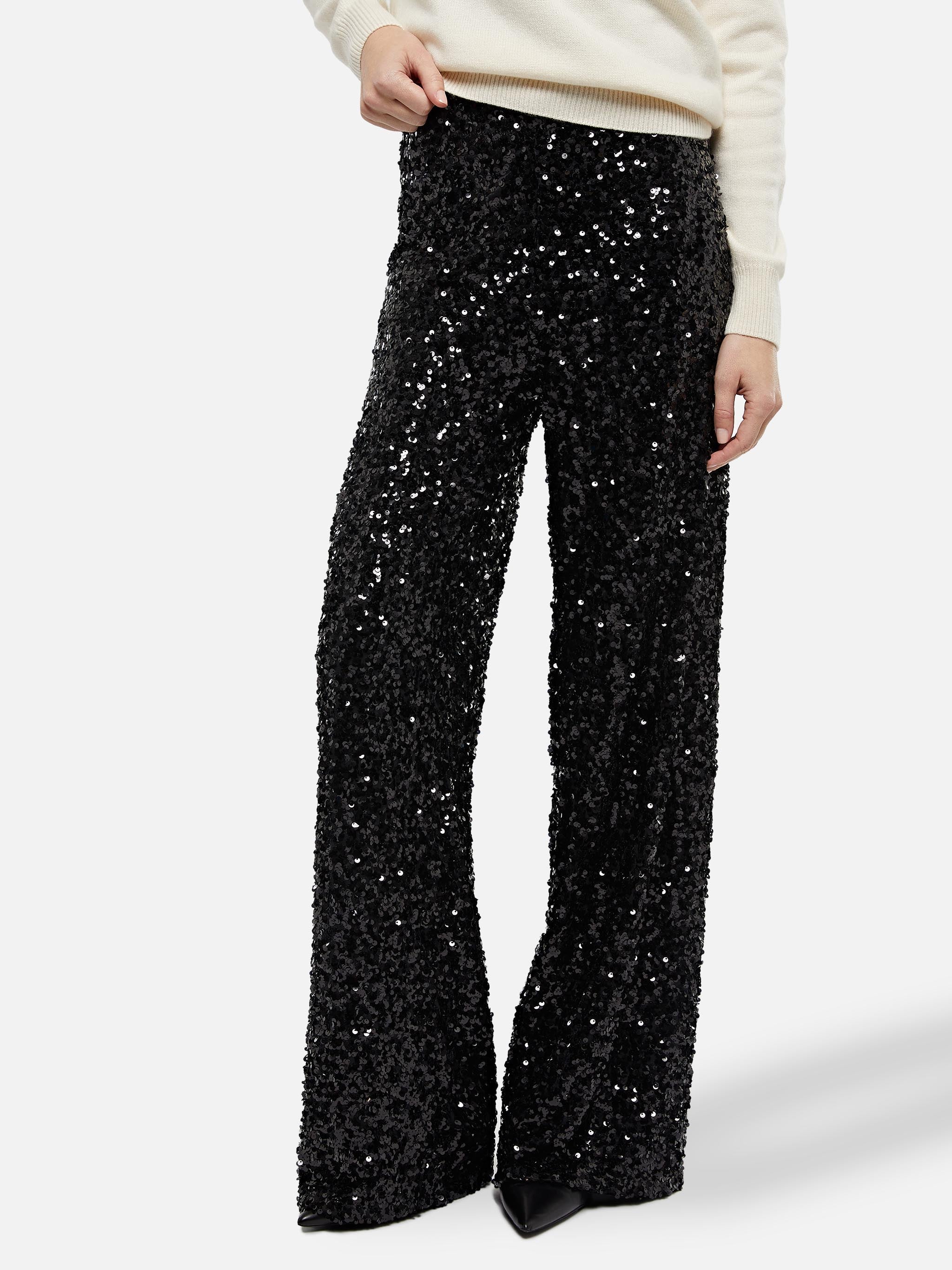 Lucette Black Sequin Wide-Leg Pants