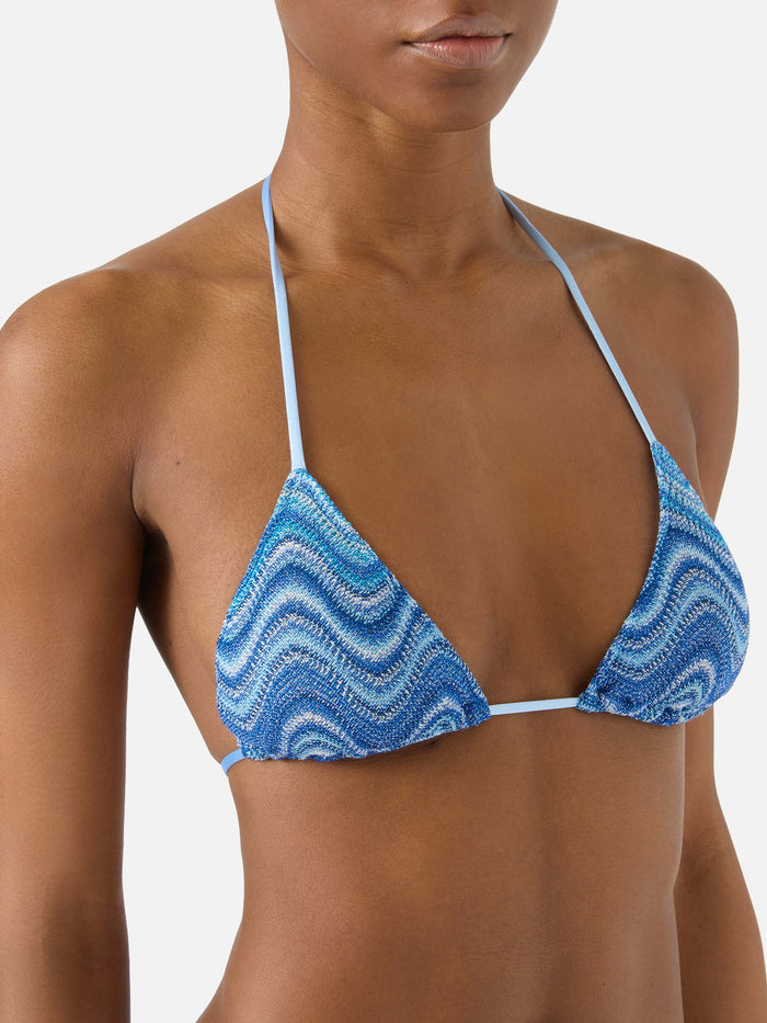 Leah Triangle Bikini Top Light Blue Wave-Effect Raschel Fabric