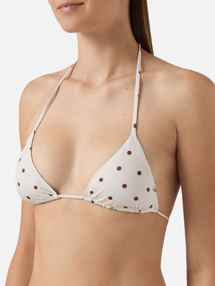 Leah Triangle Bikini Top With Beige And Brown Polka Dot Print White