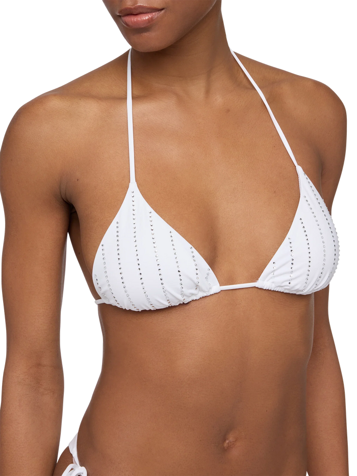Leah Triangle Top Swimsuit With Striped Rhinestone Embellishment White