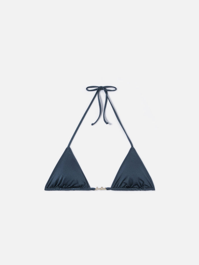 Leah Plate Triangle Bikini Top Grey Glossy Finish Fabric