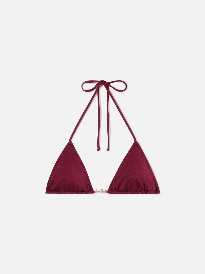 Leah Plate Triangle Bikini Top Burgundy Glossy Finish Fabric Red