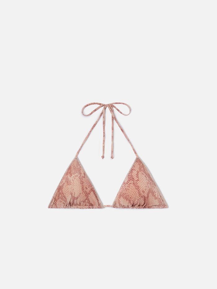Leah Overlock Triangle Bikini Top Lurex With Python Print Pink