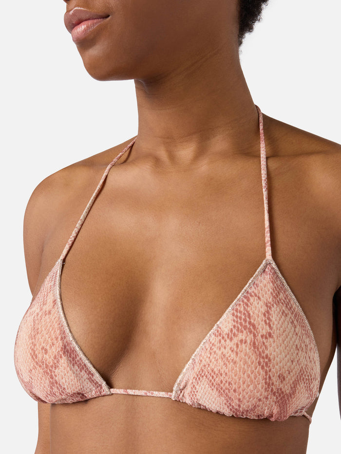 Leah Overlock Triangle Bikini Top Lurex With Python Print Pink