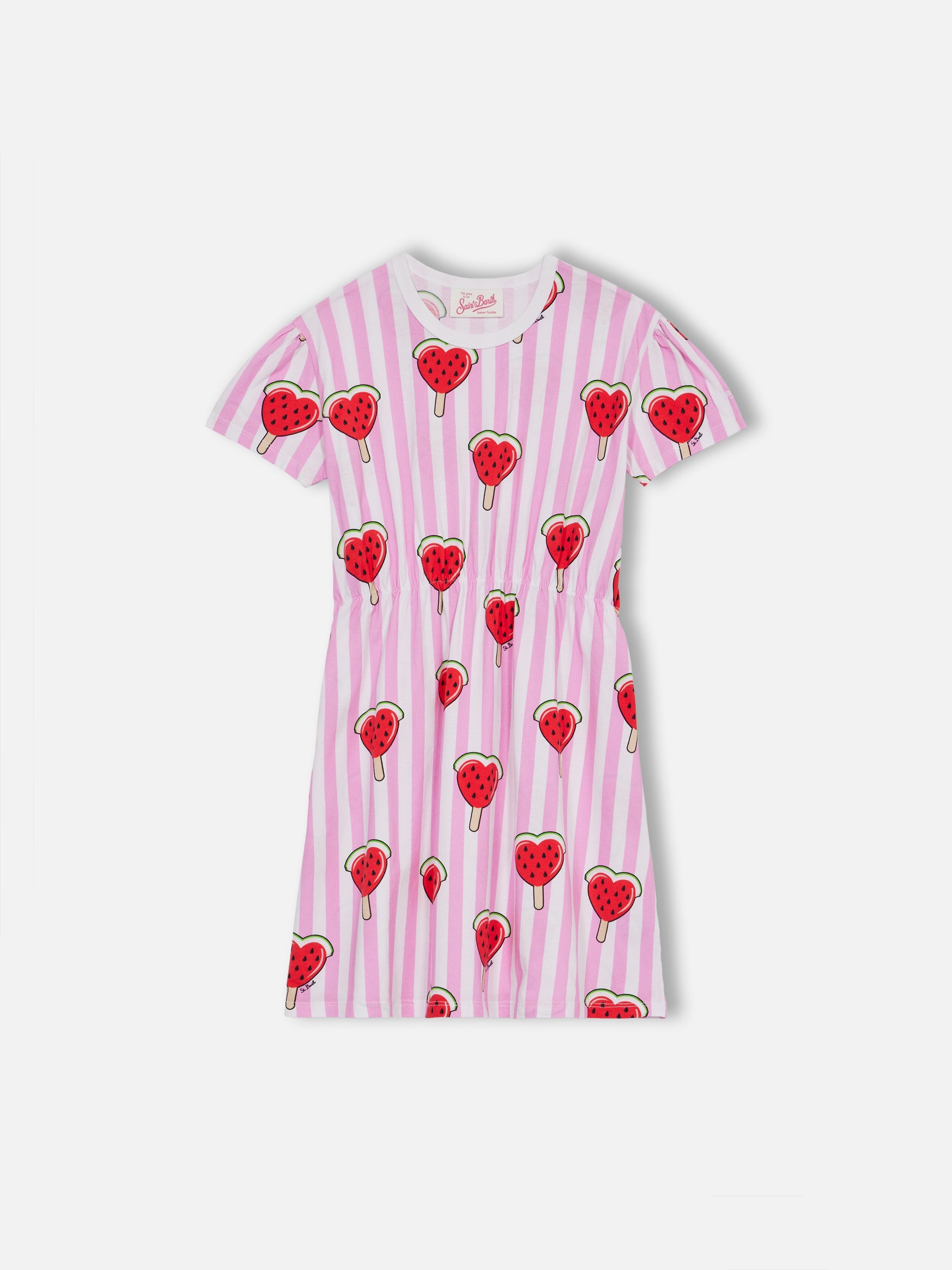 Girl Cotton Jersey Dress Leila With Heart Watermelon Print Pink