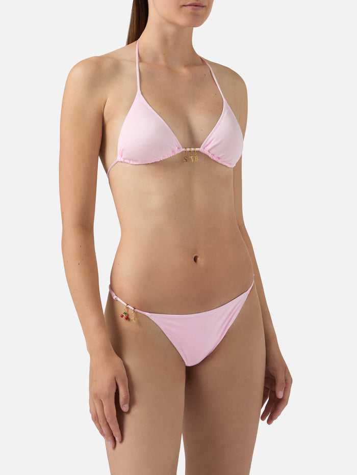 Bikini Lezzy Triangle Pink Glossy-Finish Fabric With Charms