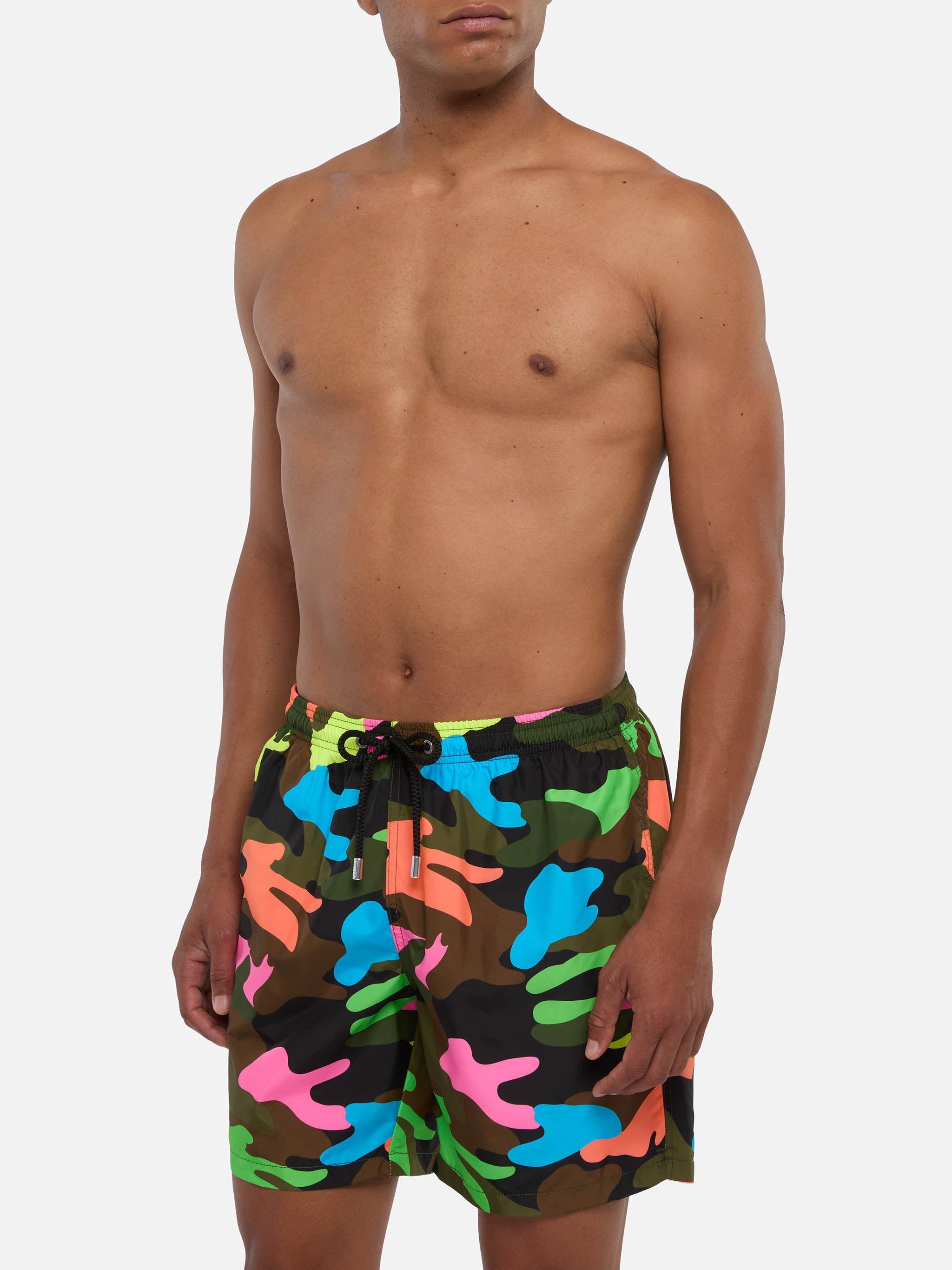 Man Light Fabric Swim Shorts With Fluo Camouflage Print Swimshort