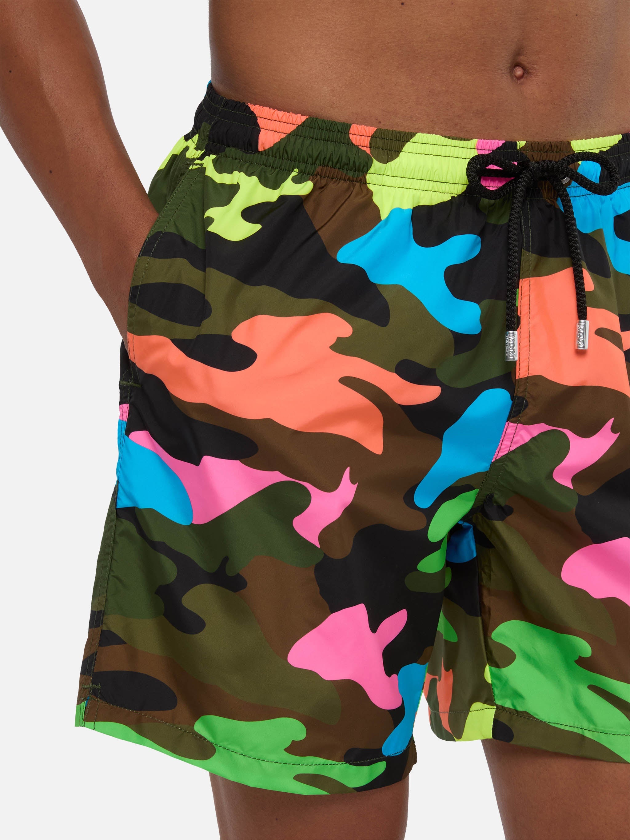 Man Light Fabric Swim Shorts With Fluo Camouflage Print Swimshort