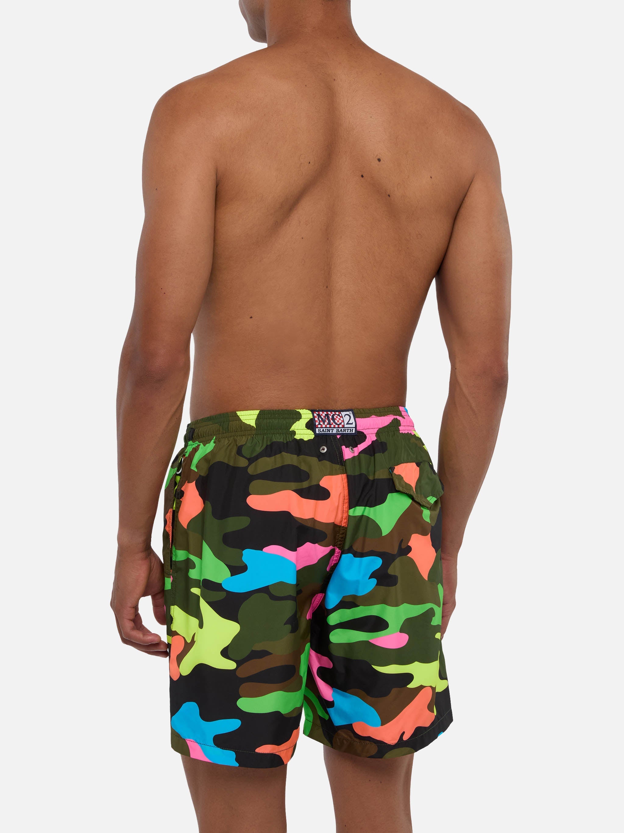 Man Light Fabric Swim Shorts With Fluo Camouflage Print Swimshort
