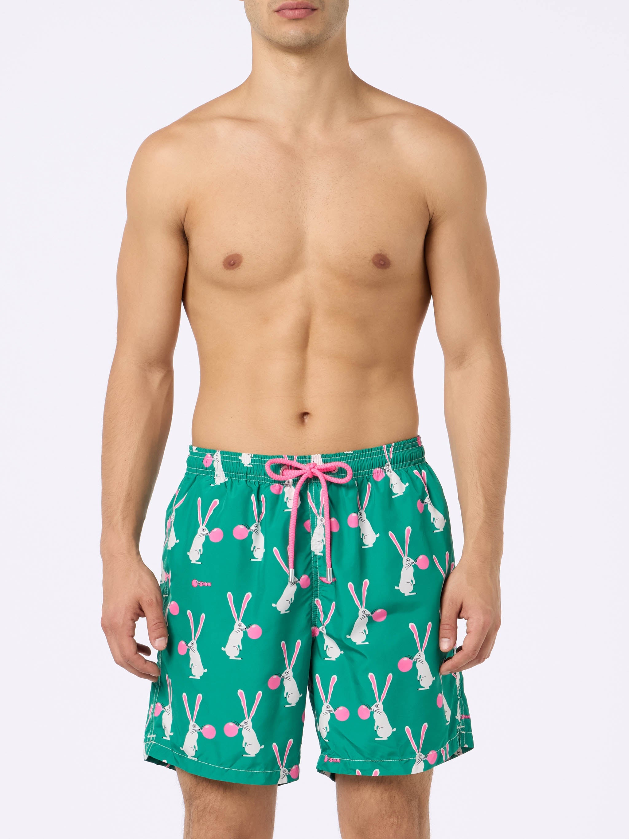 Man Lightweight Fabric Swimshorts Lighting With Big Babol Rabbits Print | Special Edition Green Swimshort