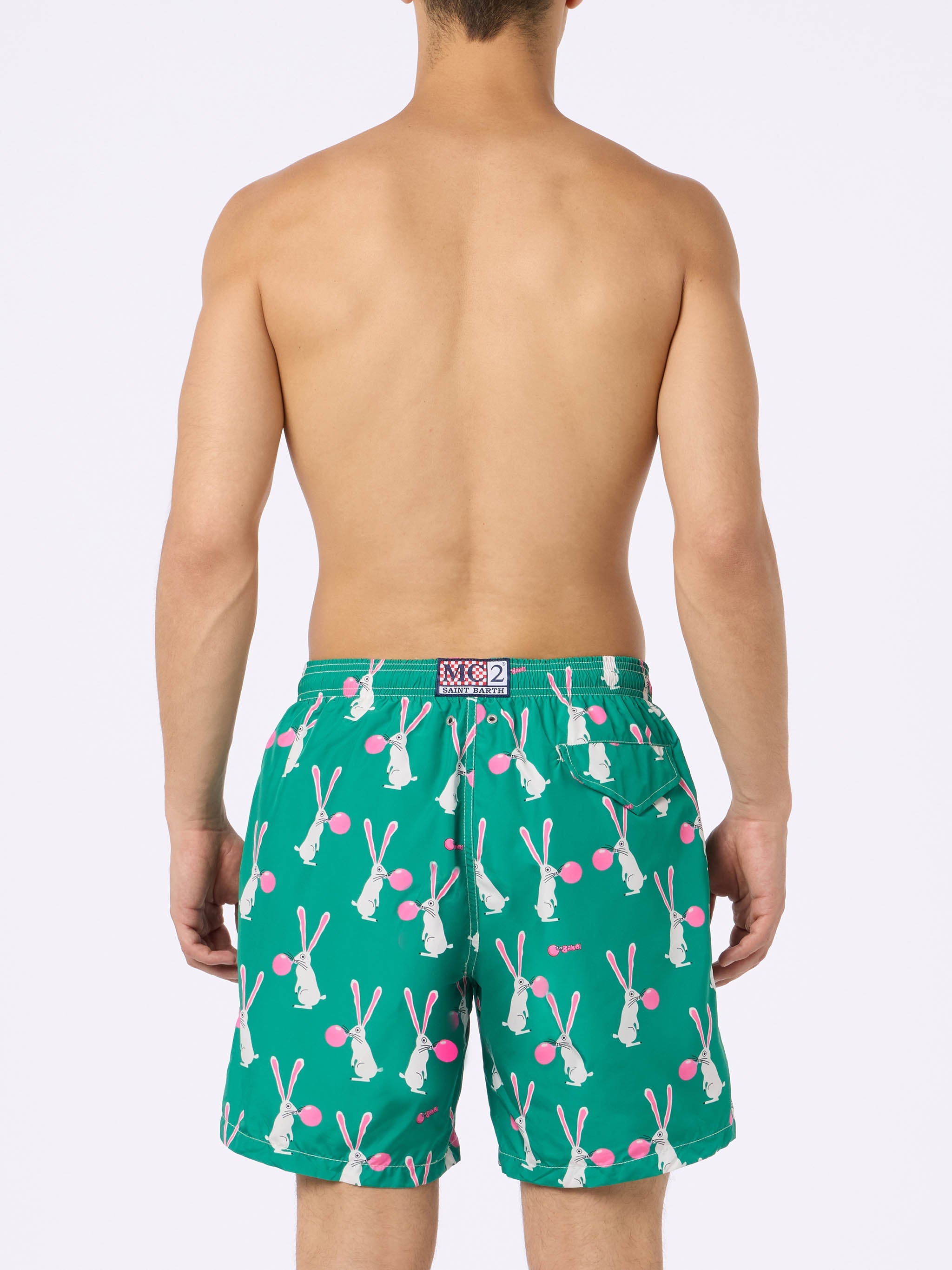 Man Lightweight Fabric Swimshorts Lighting With Big Babol Rabbits Print | Special Edition Green Swimshort