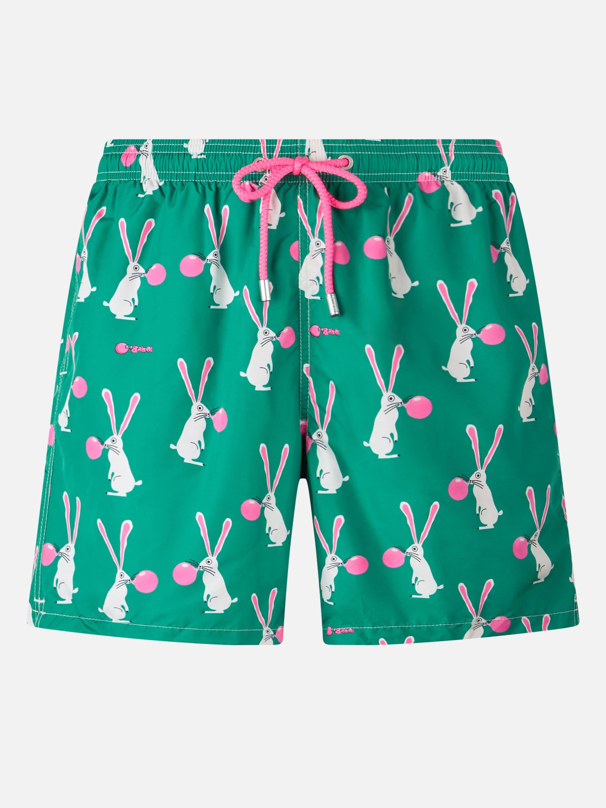Man Lightweight Fabric Swimshorts Lighting With Big Babol Rabbits Print | Special Edition Green Swimshort