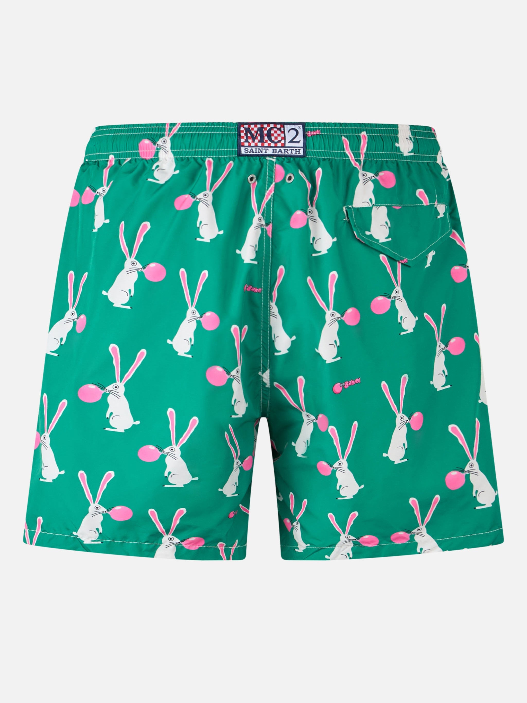 Man Lightweight Fabric Swimshorts Lighting With Big Babol Rabbits Print | Special Edition Green Swimshort