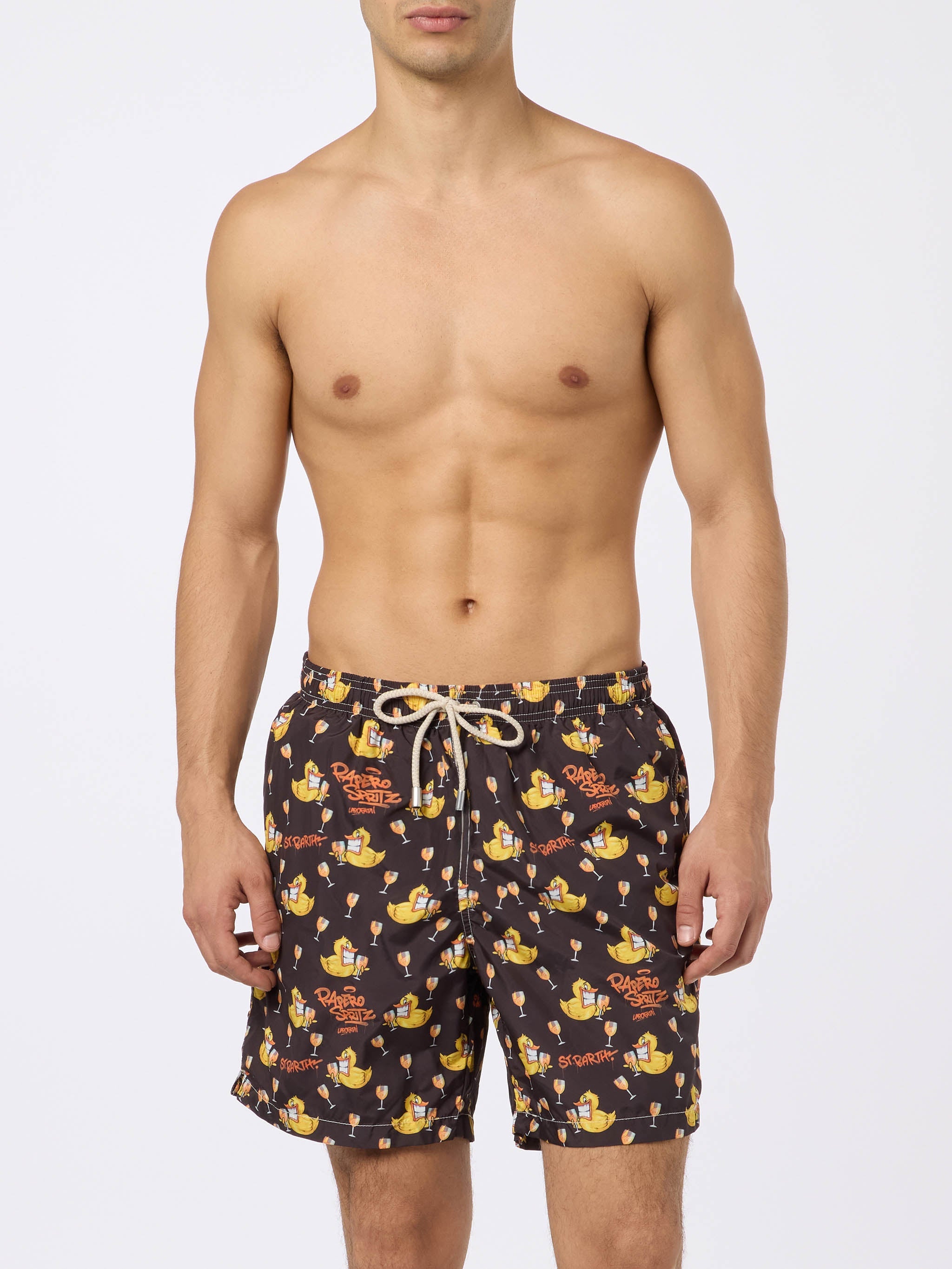 Man Lightweight Fabric Swim-Shorts Lighting With Cryptopuppets Aperitif Print | Special Edition Black Swimshort