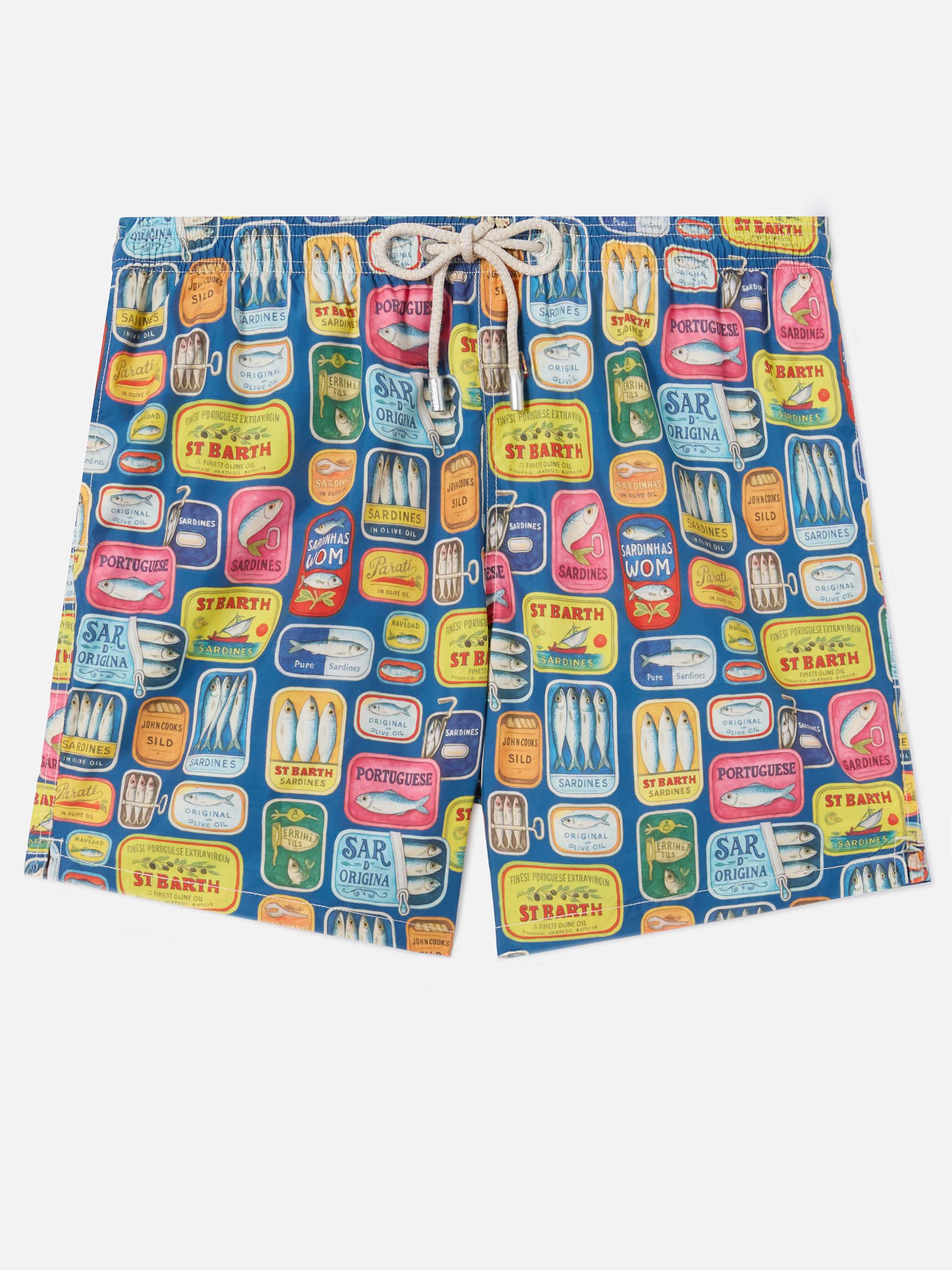 Blue Lighting Swim Shorts With All-Over Sardine Tins Print Swimshort