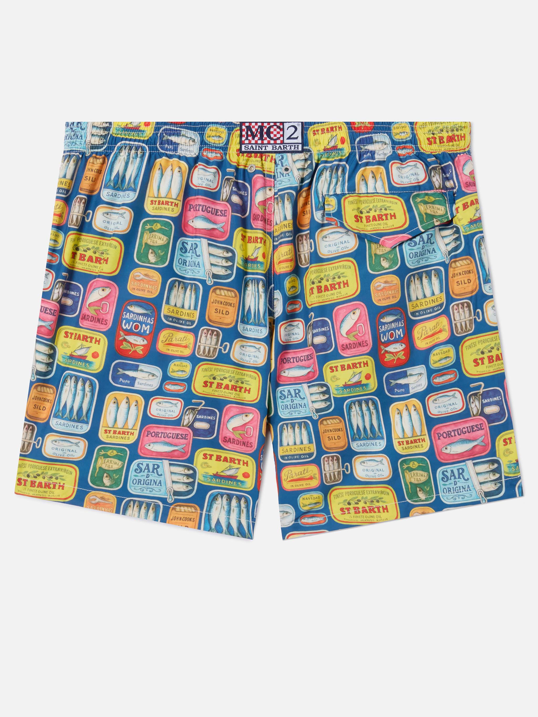 Blue Lighting Swim Shorts With All-Over Sardine Tins Print Swimshort