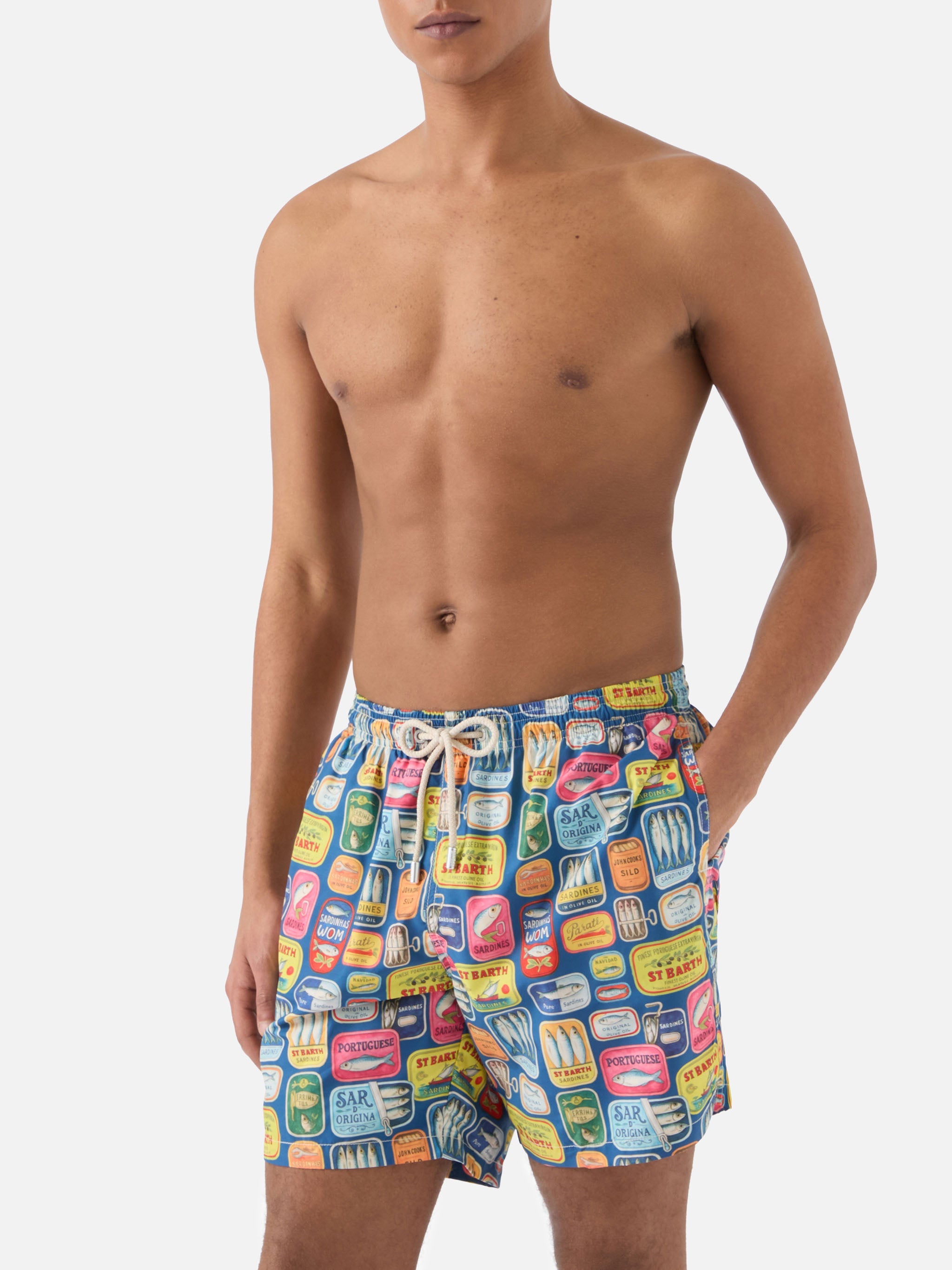 Blue Lighting Swim Shorts With All-Over Sardine Tins Print Swimshort