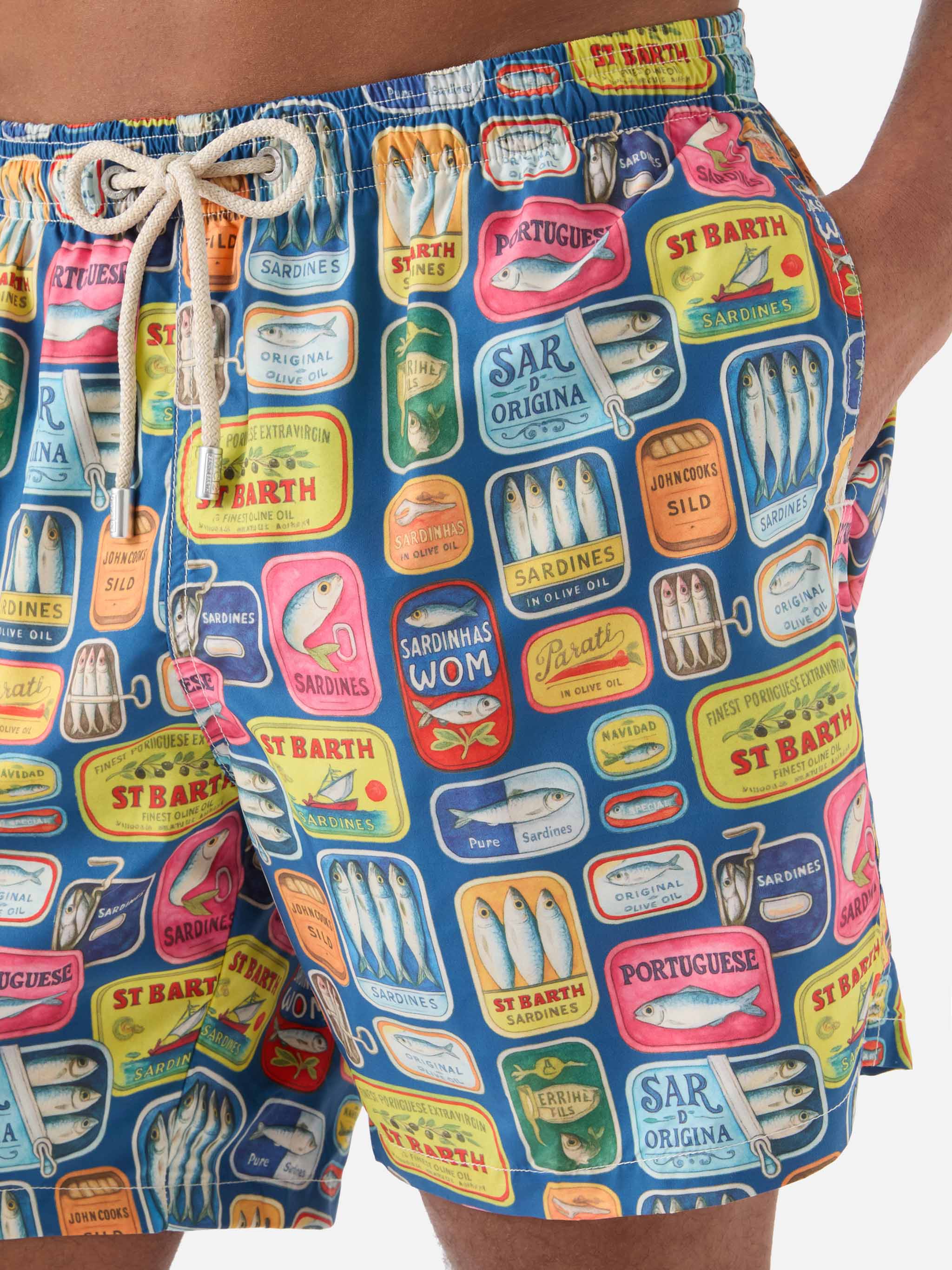 Blue Lighting Swim Shorts With All-Over Sardine Tins Print Swimshort