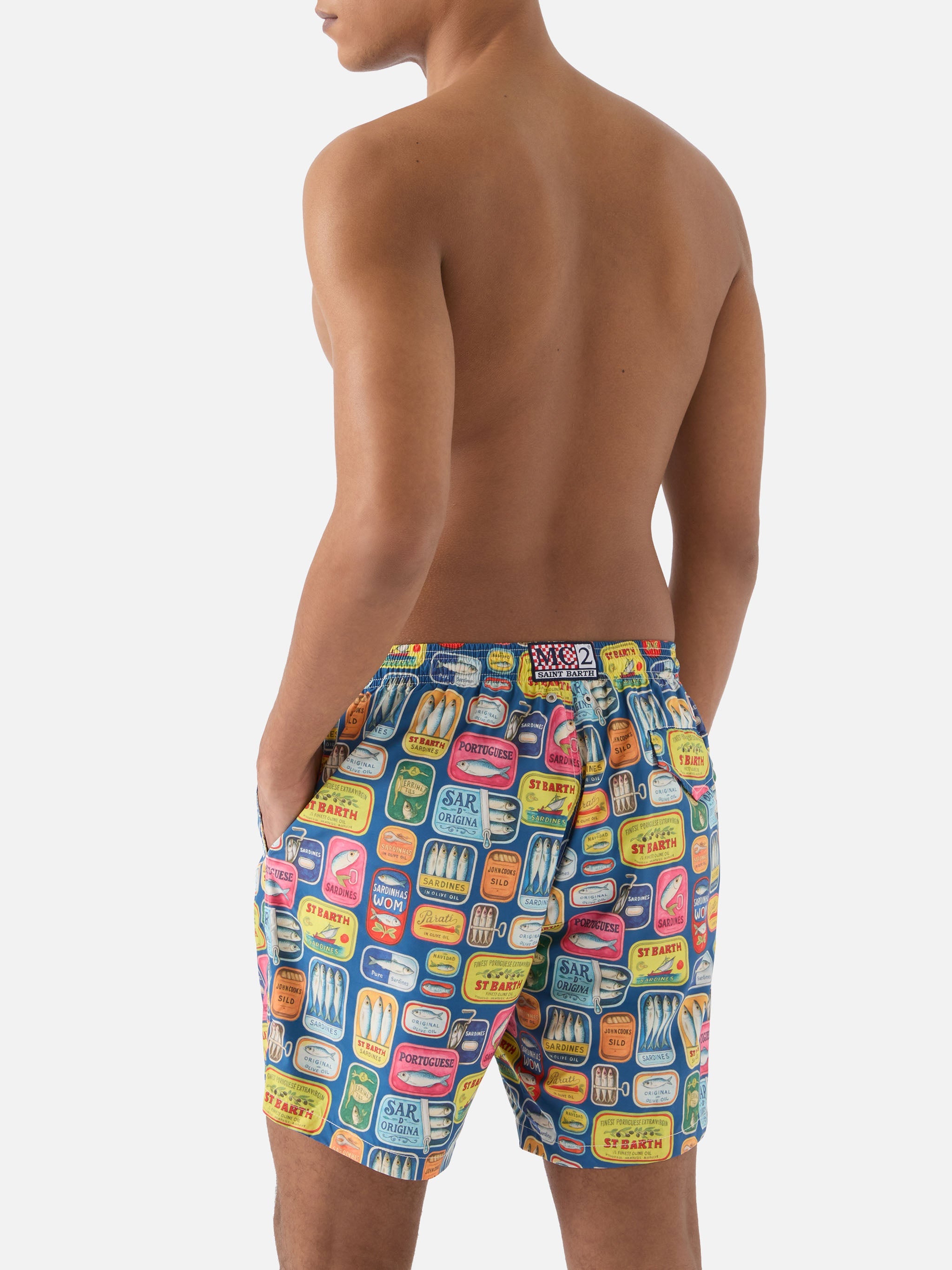 Blue Lighting Swim Shorts With All-Over Sardine Tins Print Swimshort