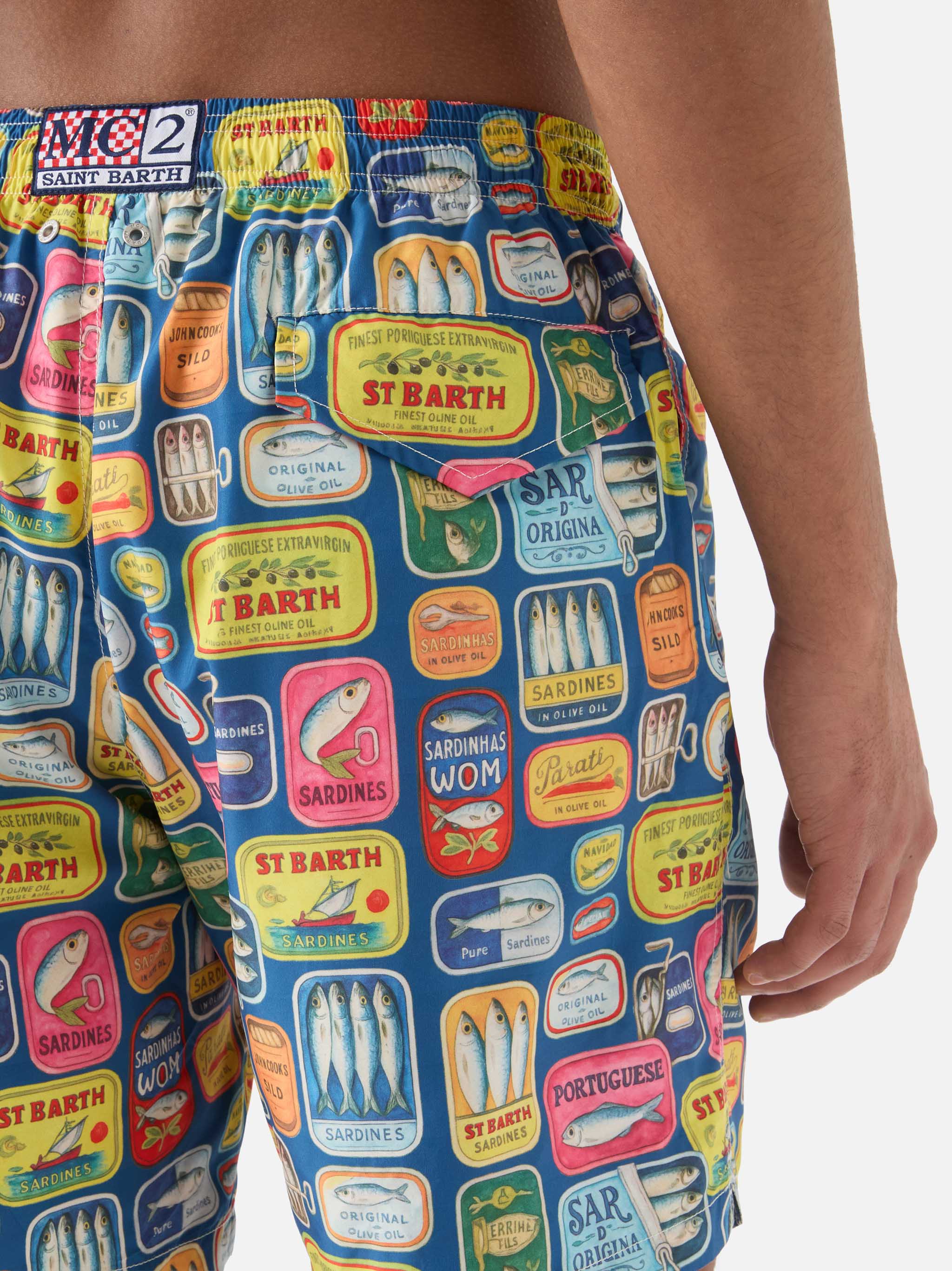 Blue Lighting Swim Shorts With All-Over Sardine Tins Print Swimshort