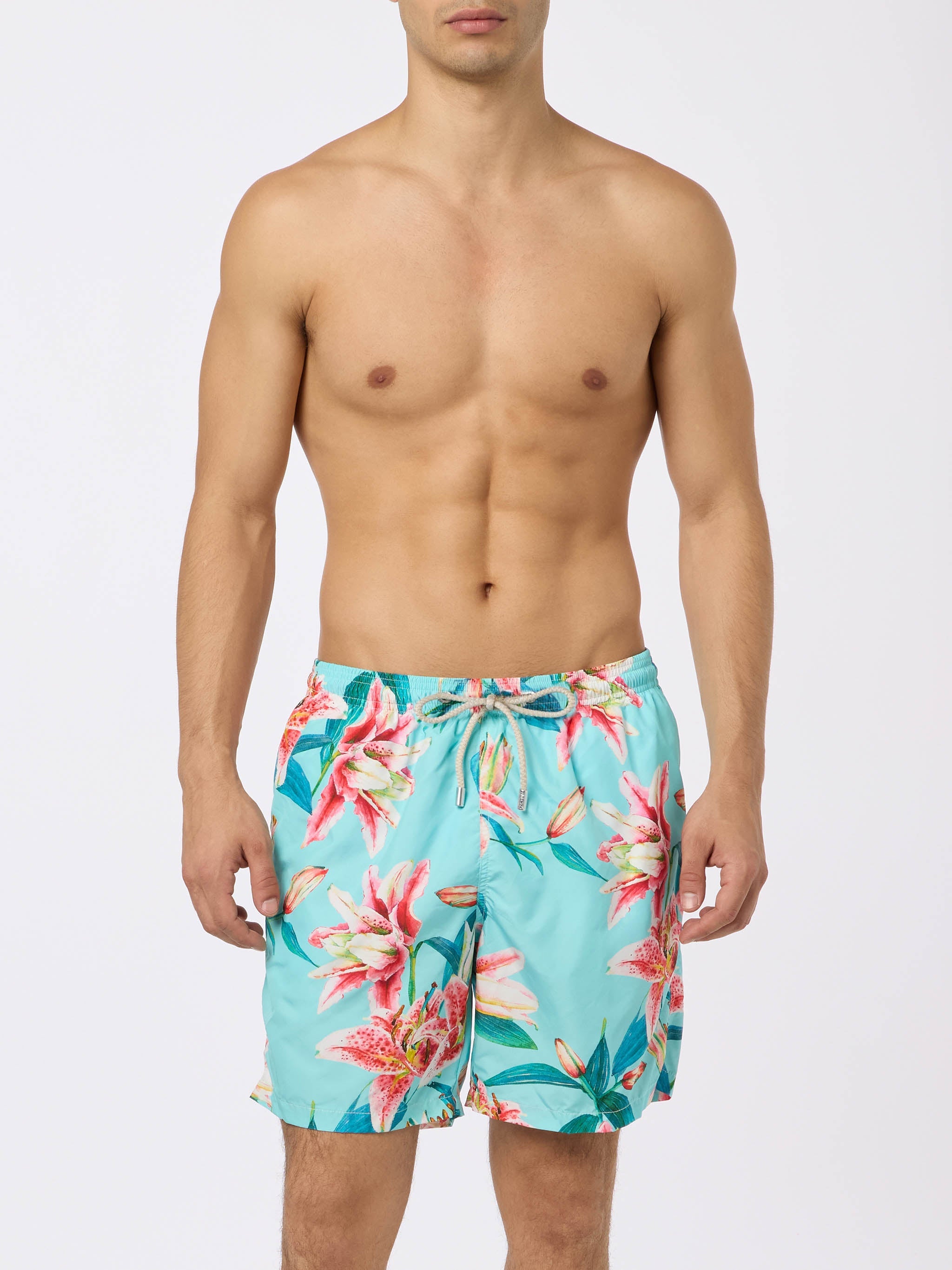 Man Lightweight Fabric Swim-Shorts Lighting With Tropical Flowers Print Verde Acqua Swimshort