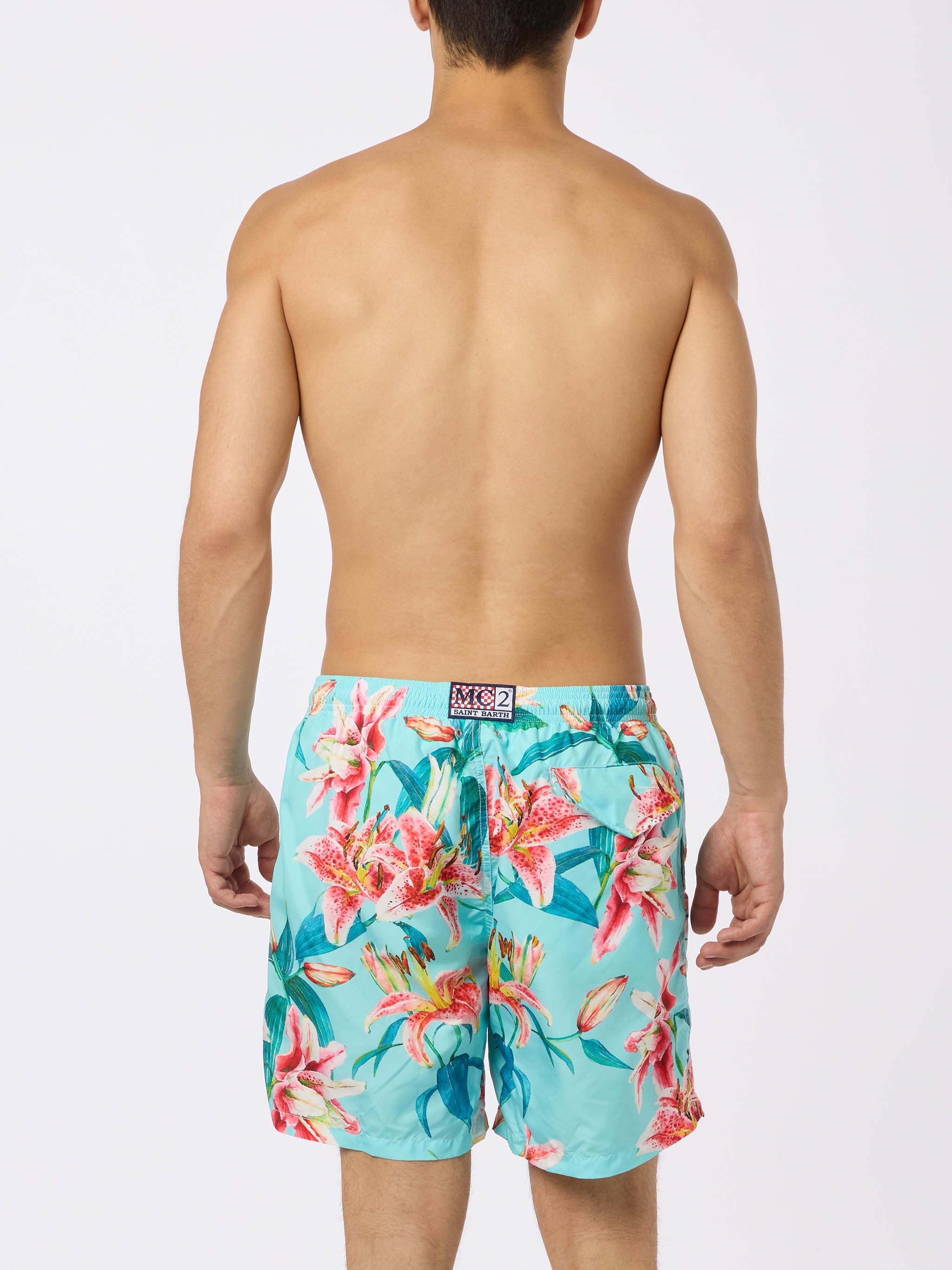 Man Lightweight Fabric Swim-Shorts Lighting With Tropical Flowers Print Verde Acqua Swimshort