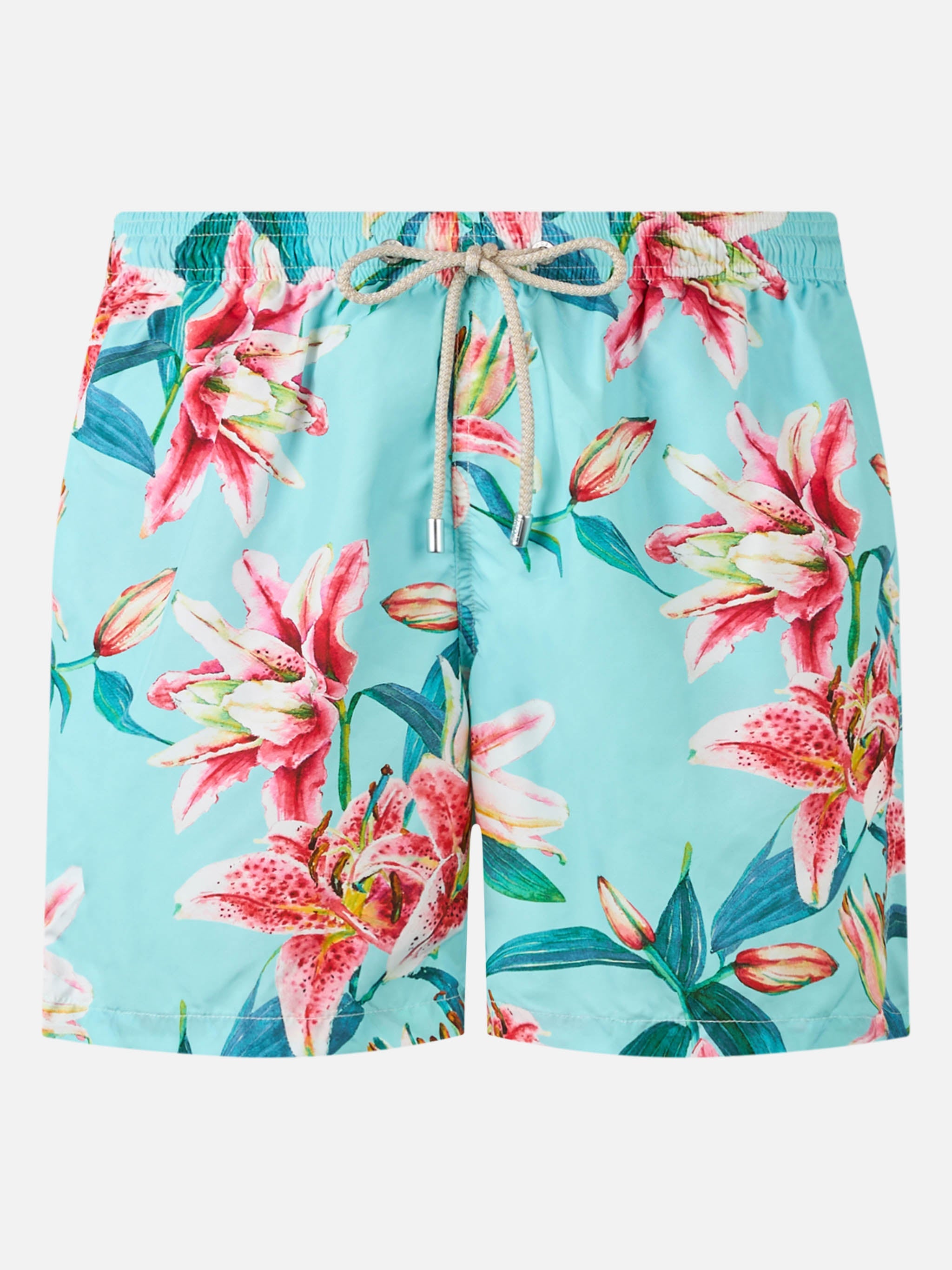 Man Lightweight Fabric Swim-Shorts Lighting With Tropical Flowers Print Verde Acqua Swimshort