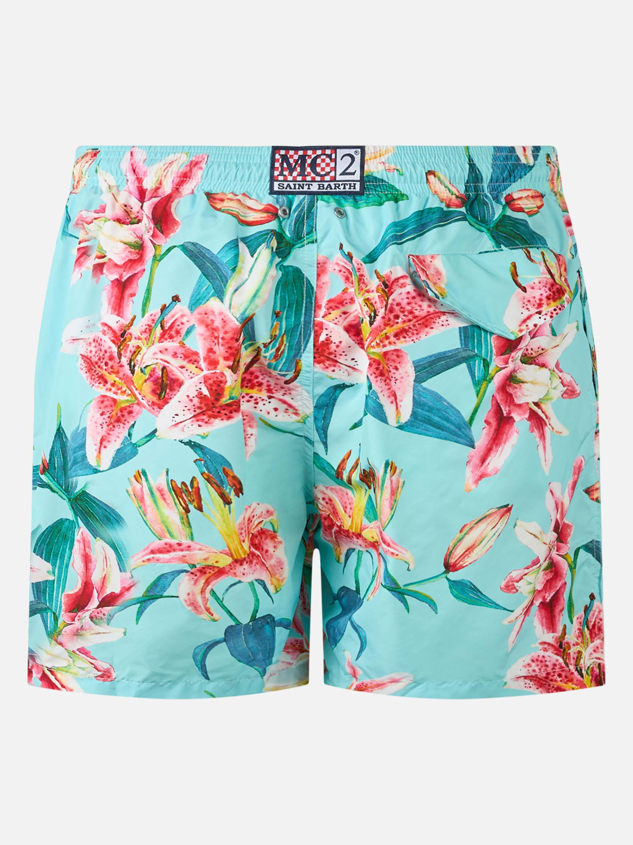 Man Lightweight Fabric Swim-Shorts Lighting With Tropical Flowers Print Verde Acqua Swimshort