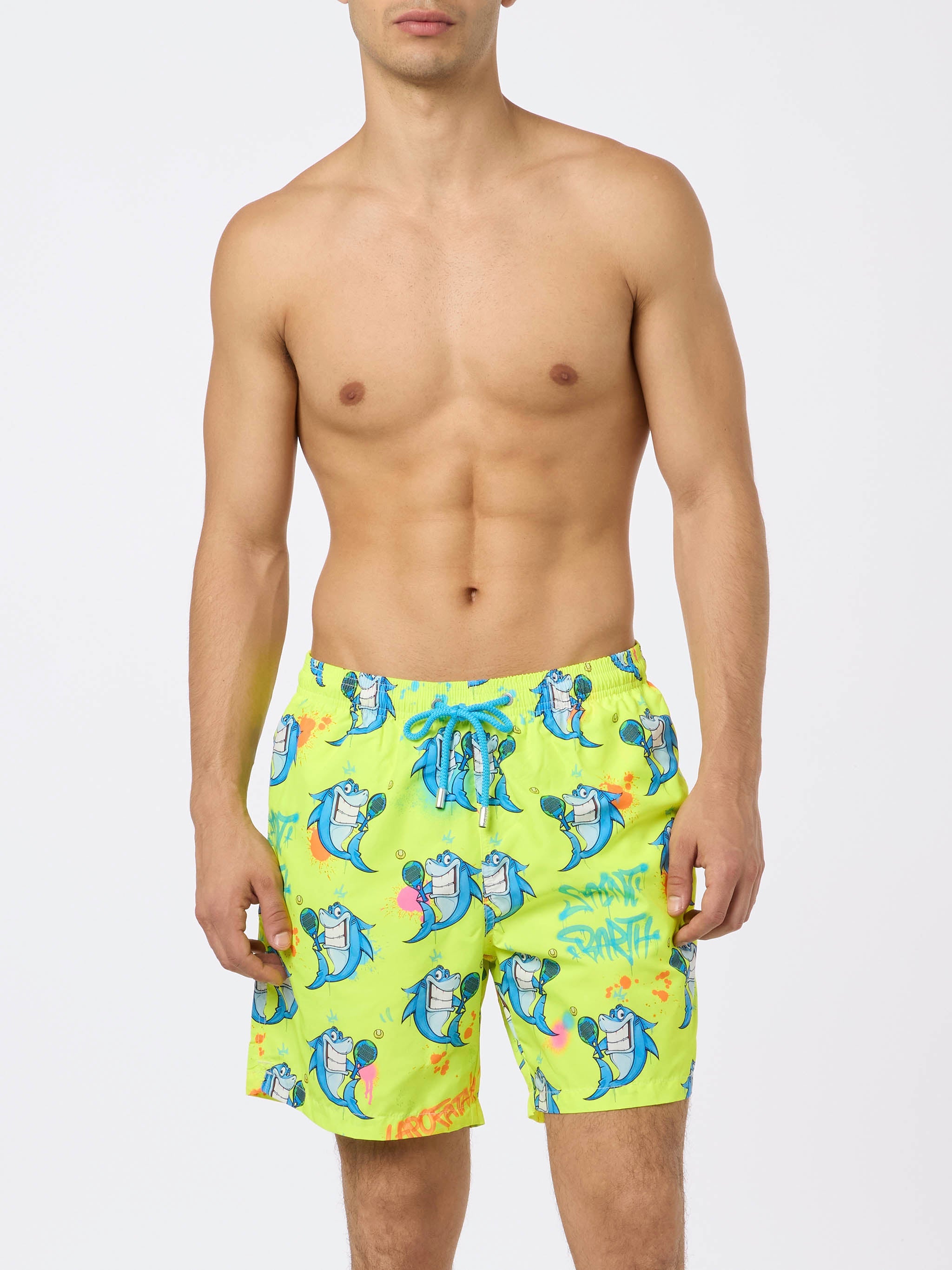 Man Lightweight Fabric Swim-Shorts Lighting With Cryptopuppets Print | Special Edition Fluo Swimshort