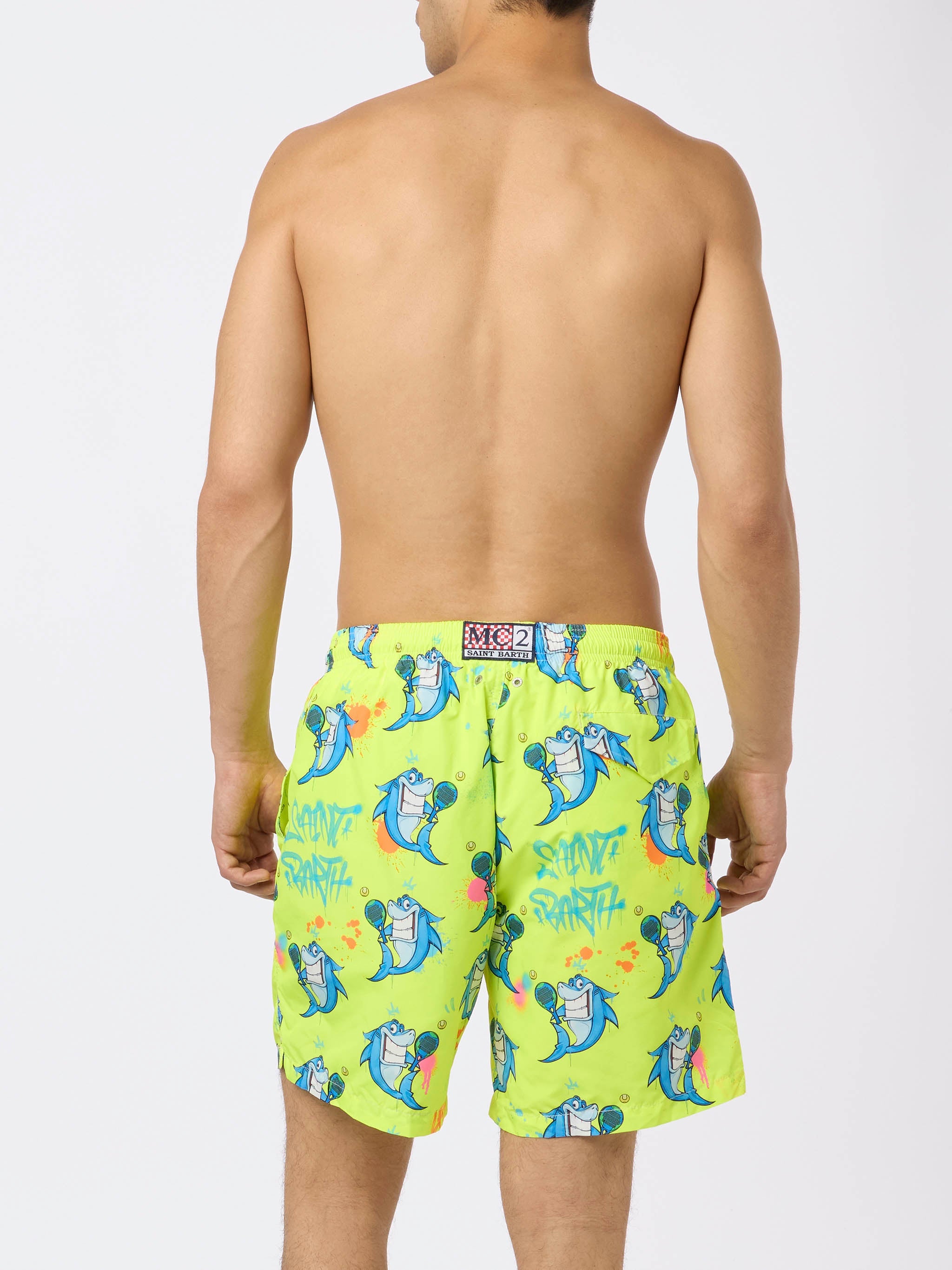 Man Lightweight Fabric Swim-Shorts Lighting With Cryptopuppets Print | Special Edition Fluo Swimshort