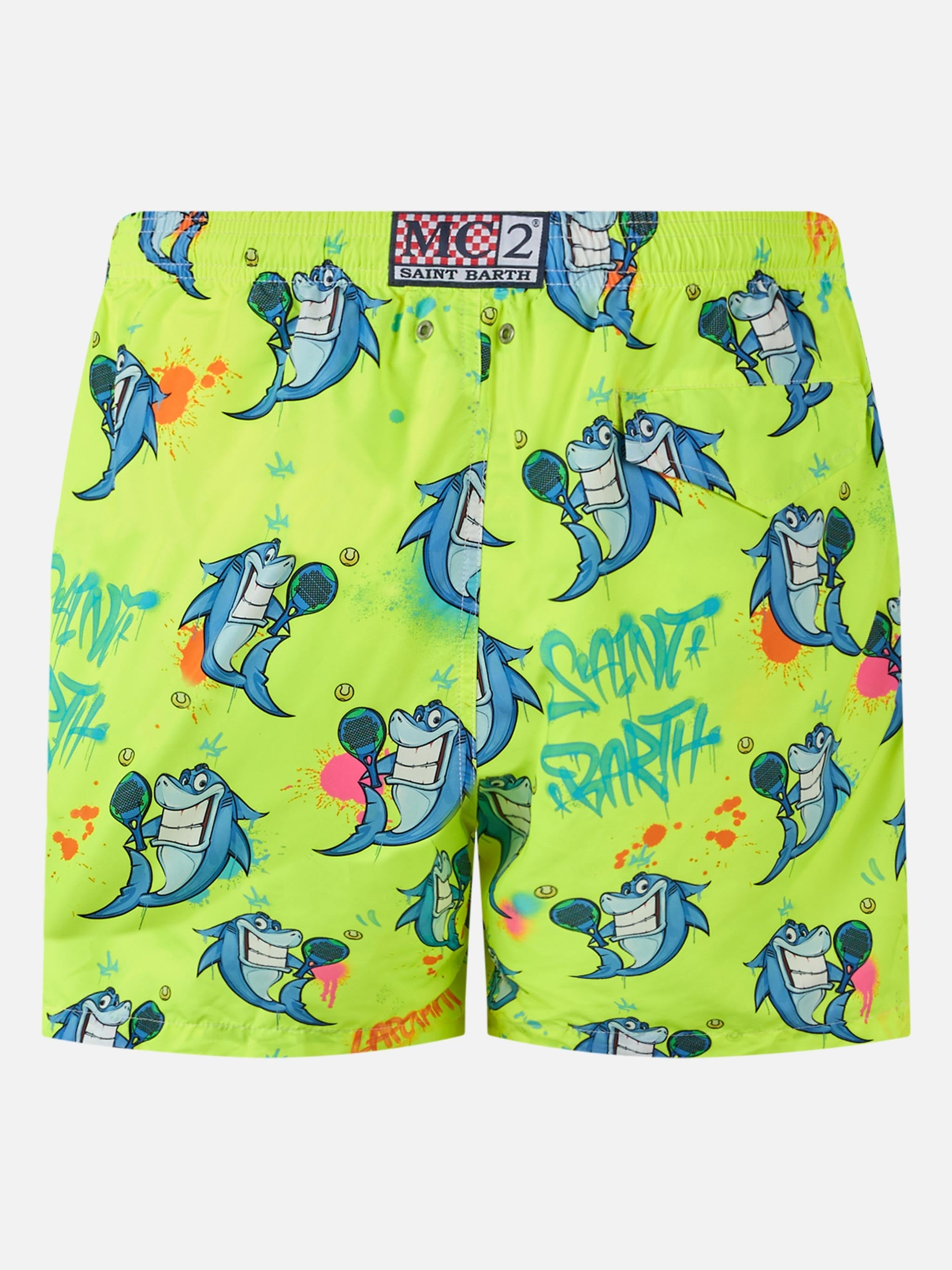 Man Lightweight Fabric Swim-Shorts Lighting With Cryptopuppets Print | Special Edition Fluo Swimshort
