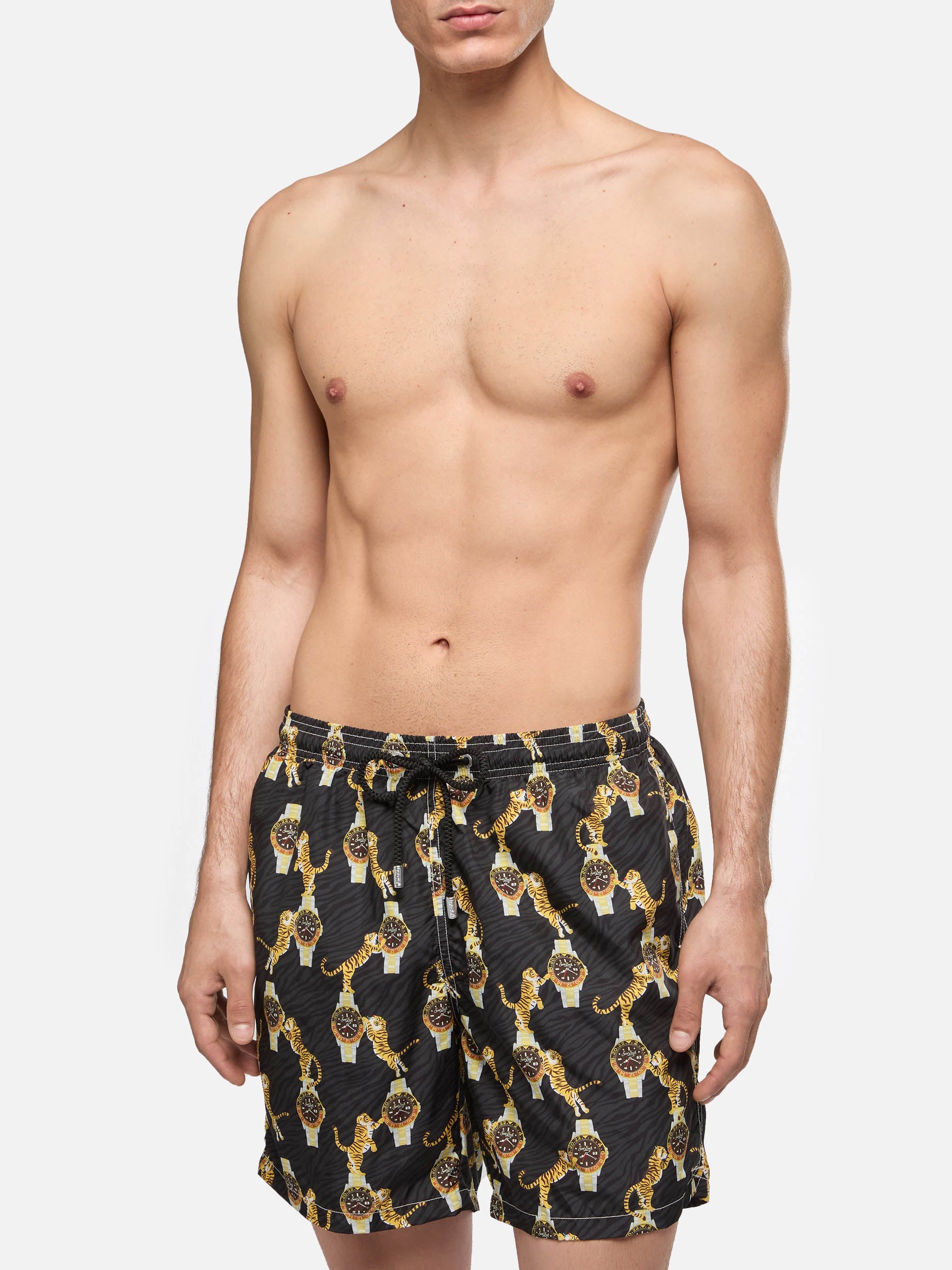 Lightweight Fabric Swim-Shorts Lighting With Watche And Tiger Print Black Swimshort