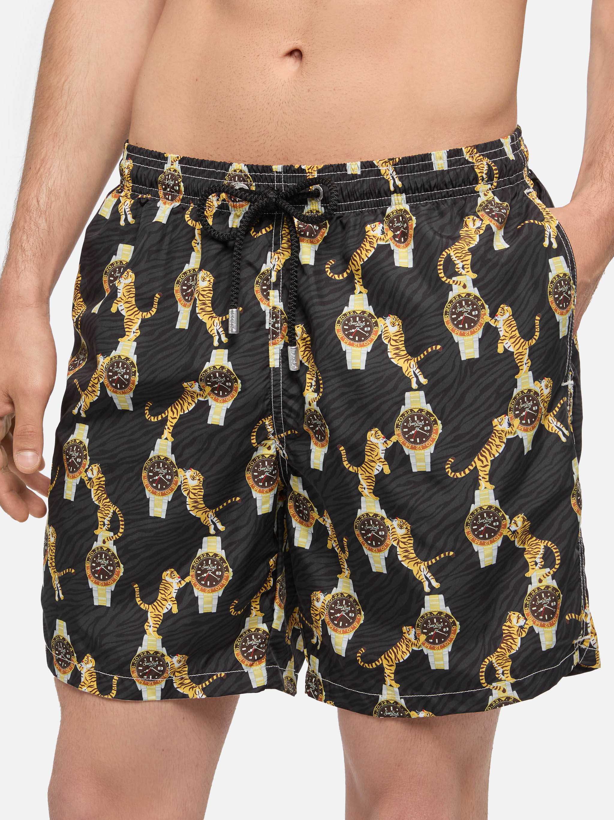 Lightweight Fabric Swim-Shorts Lighting With Watche And Tiger Print Black Swimshort