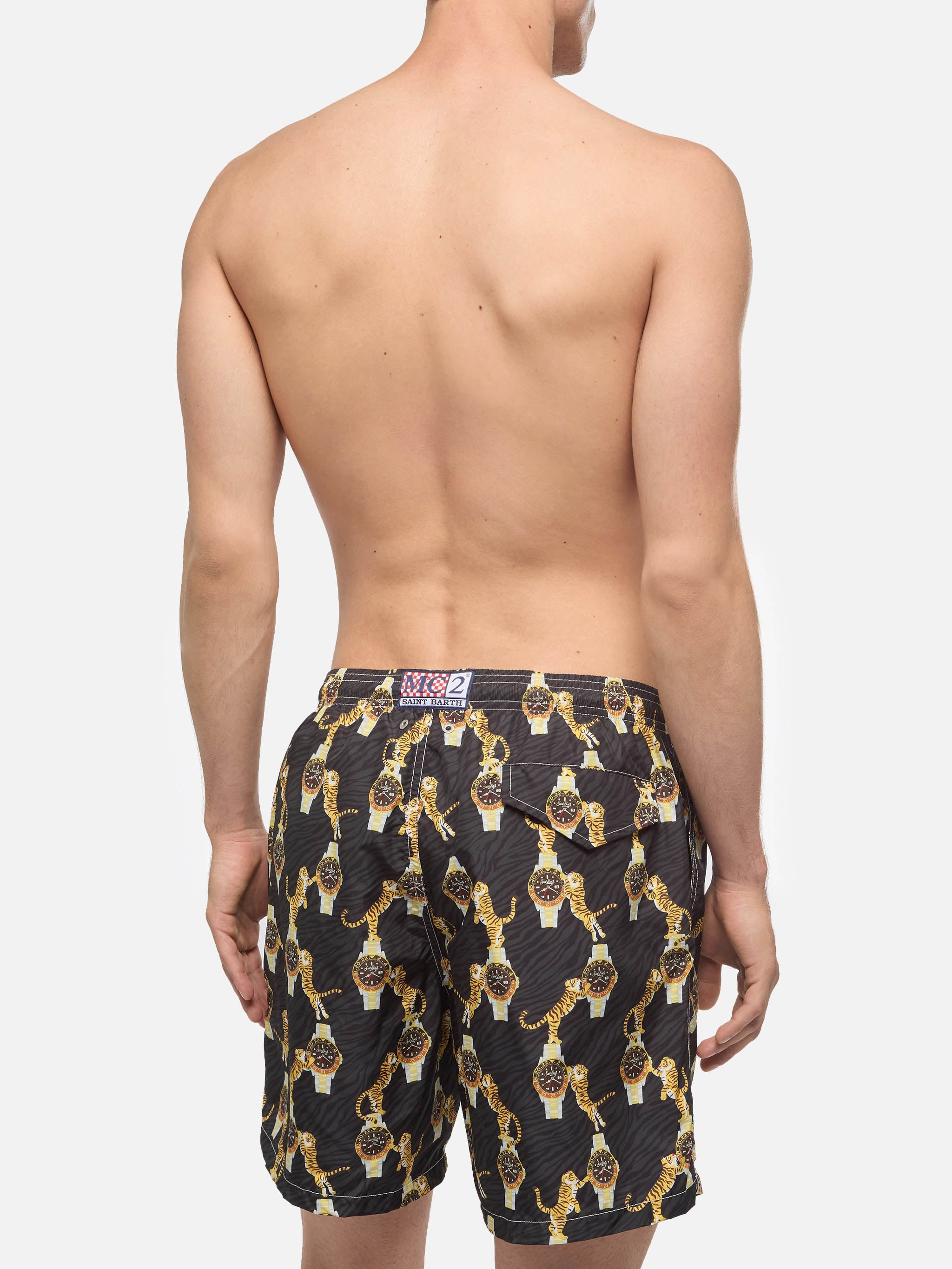 Lightweight Fabric Swim-Shorts Lighting With Watche And Tiger Print Black Swimshort