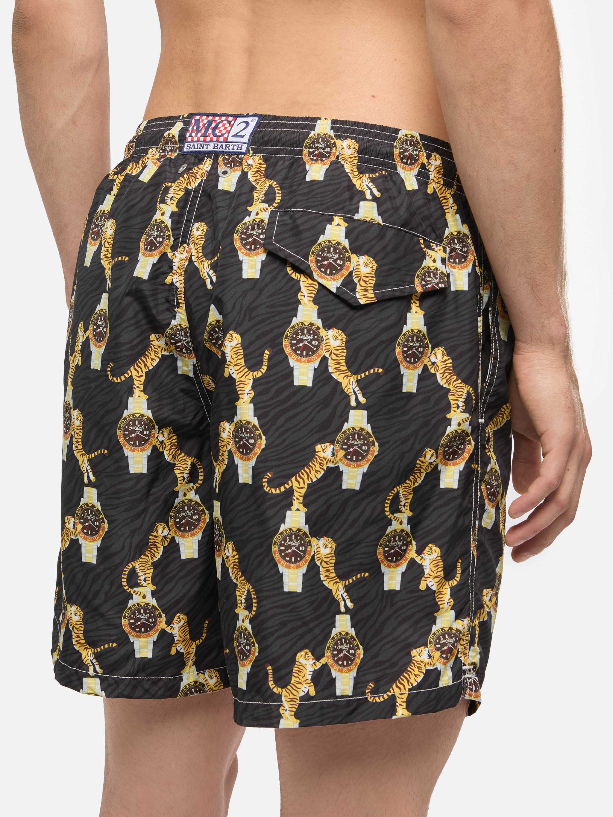 Lightweight Fabric Swim-Shorts Lighting With Watche And Tiger Print Black Swimshort