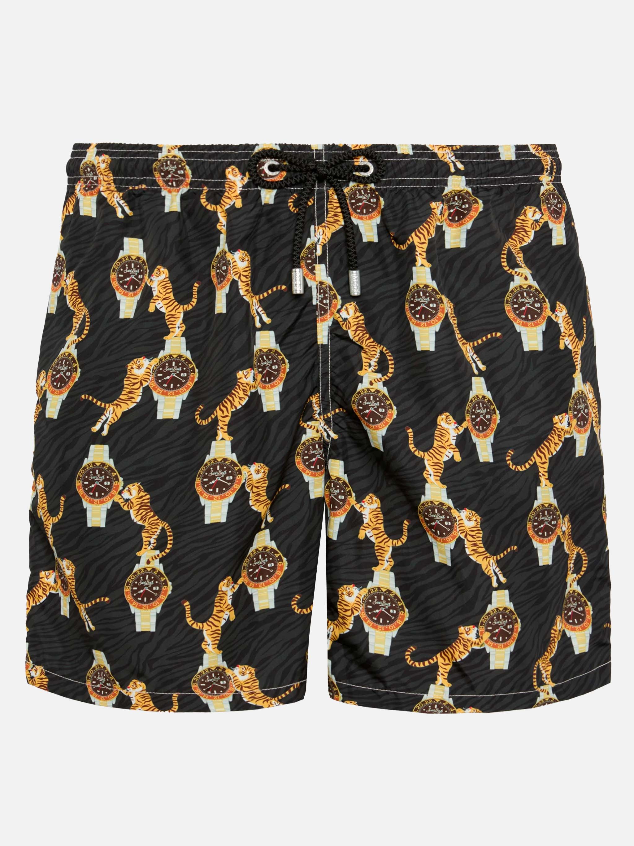 Lightweight Fabric Swim-Shorts Lighting With Watche And Tiger Print Black Swimshort