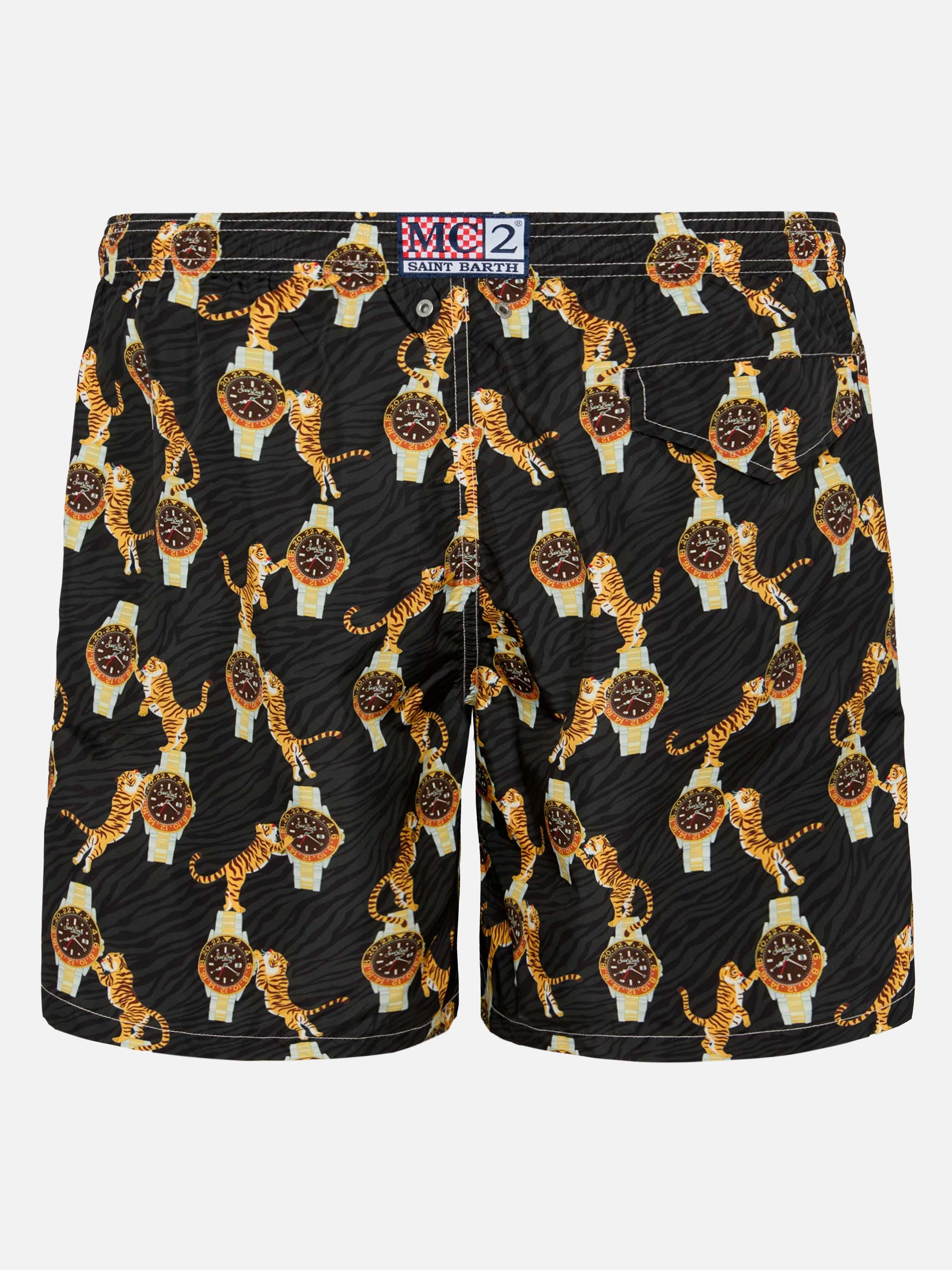 Lightweight Fabric Swim-Shorts Lighting With Watche And Tiger Print Black Swimshort