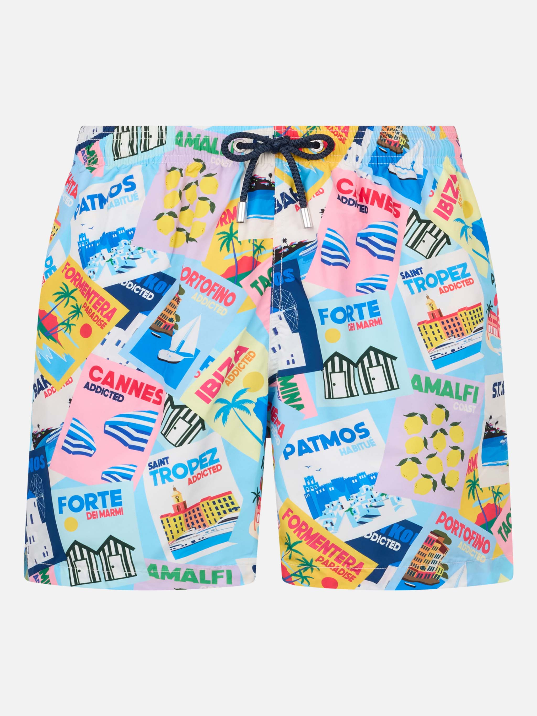 Lightweight Fabric Swim Shorts Lighting With Postcards Print Green Swimshort