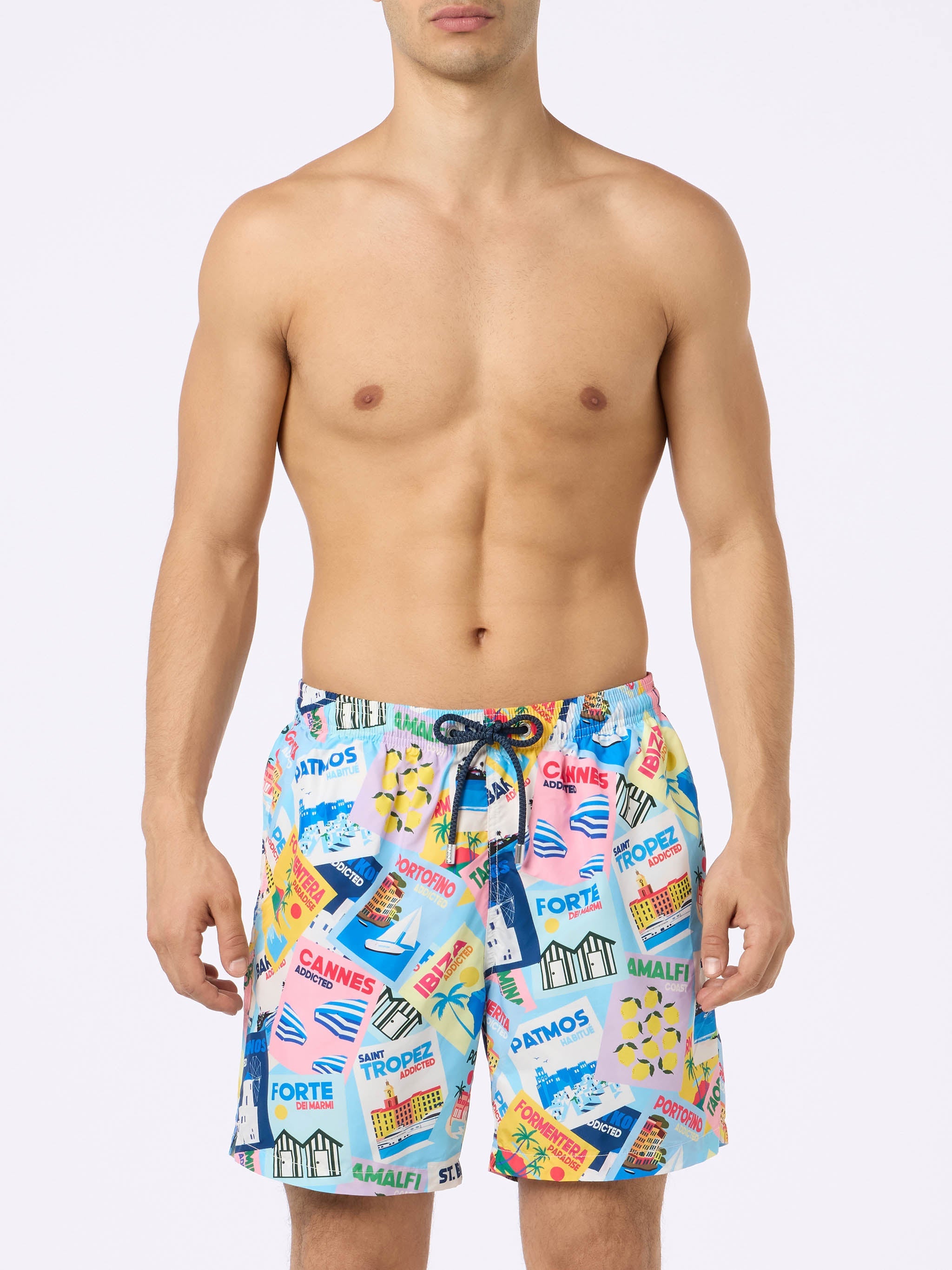 Lightweight Fabric Swim Shorts Lighting With Postcards Print Green Swimshort