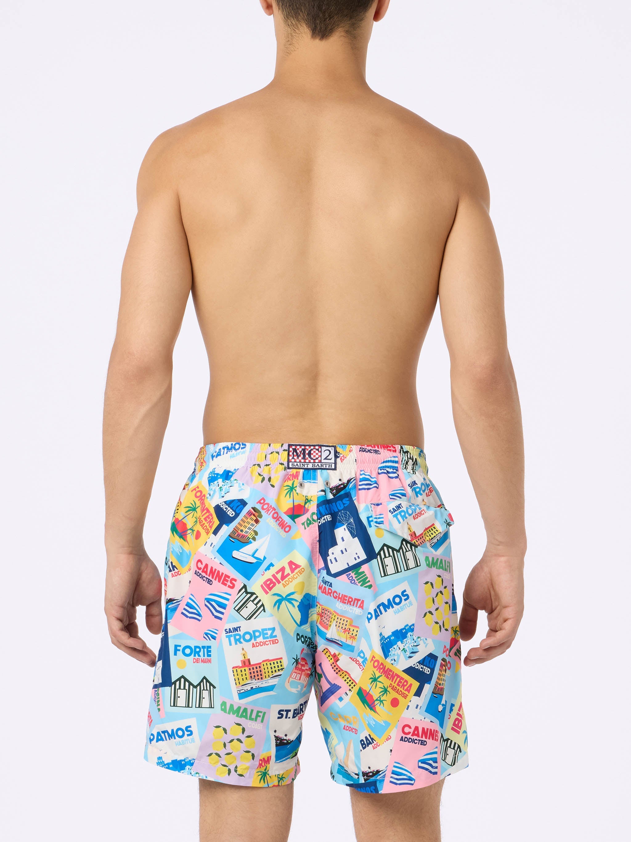Lightweight Fabric Swim Shorts Lighting With Postcards Print Green Swimshort