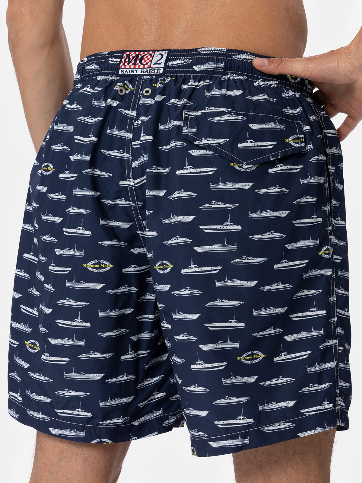 Man Lightweight Fabric Swim-Shorts Lighting With Magnum Marine Print | Special Edition Blue Swimshort