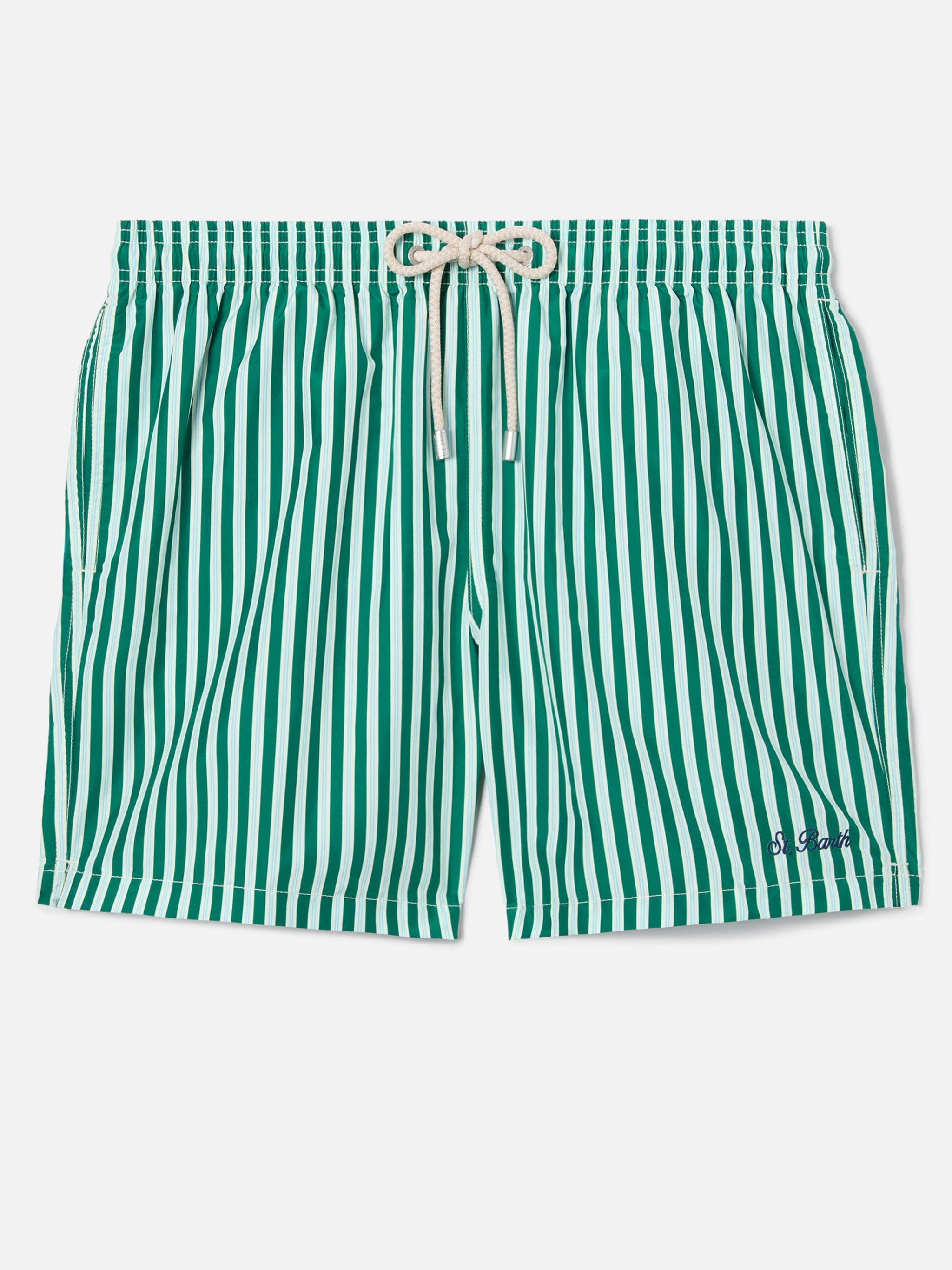 Green Striped Lighting Swim Shorts With St. Barth Embroidery Swimshort