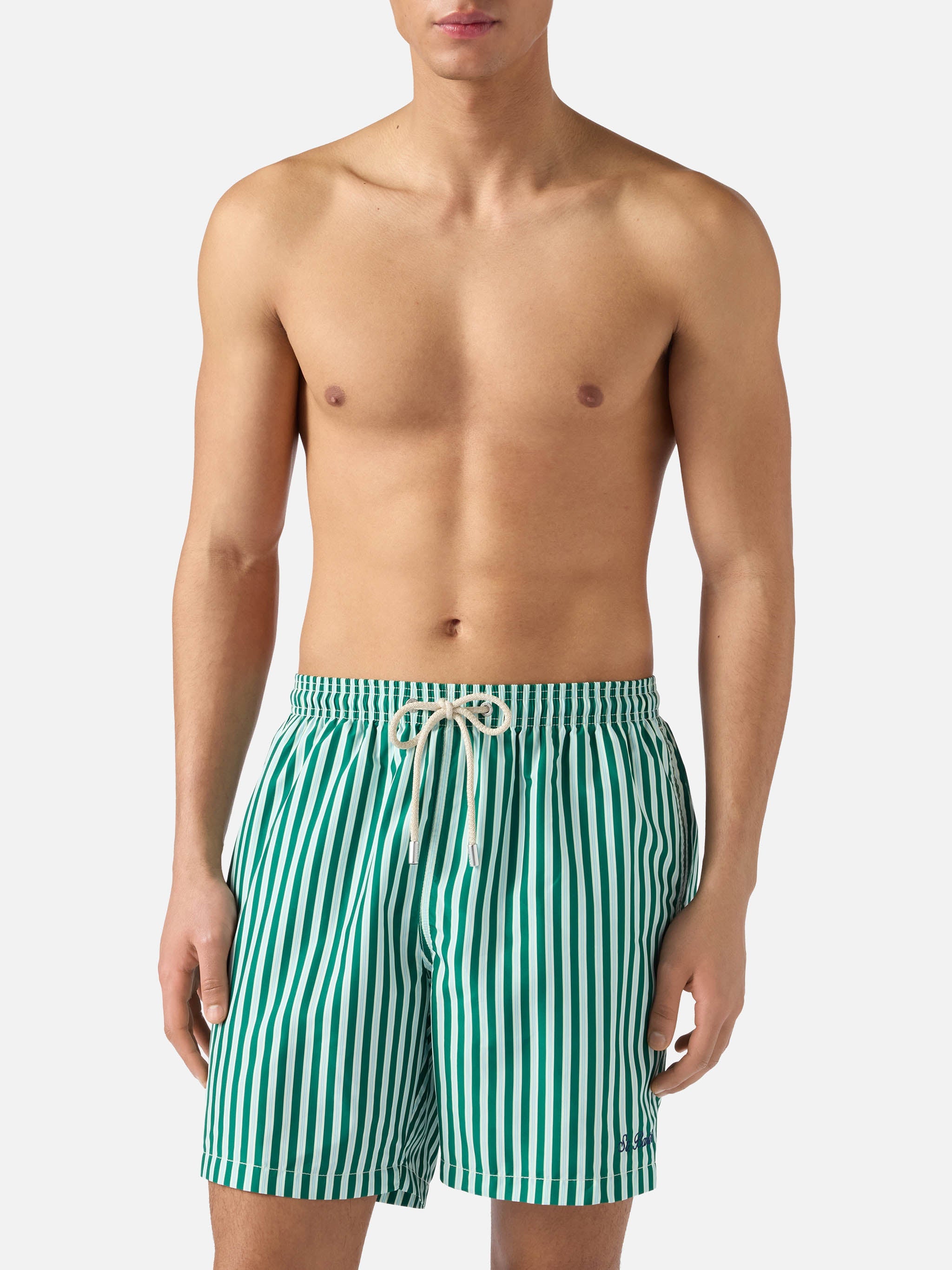 Green Striped Lighting Swim Shorts With St. Barth Embroidery Swimshort