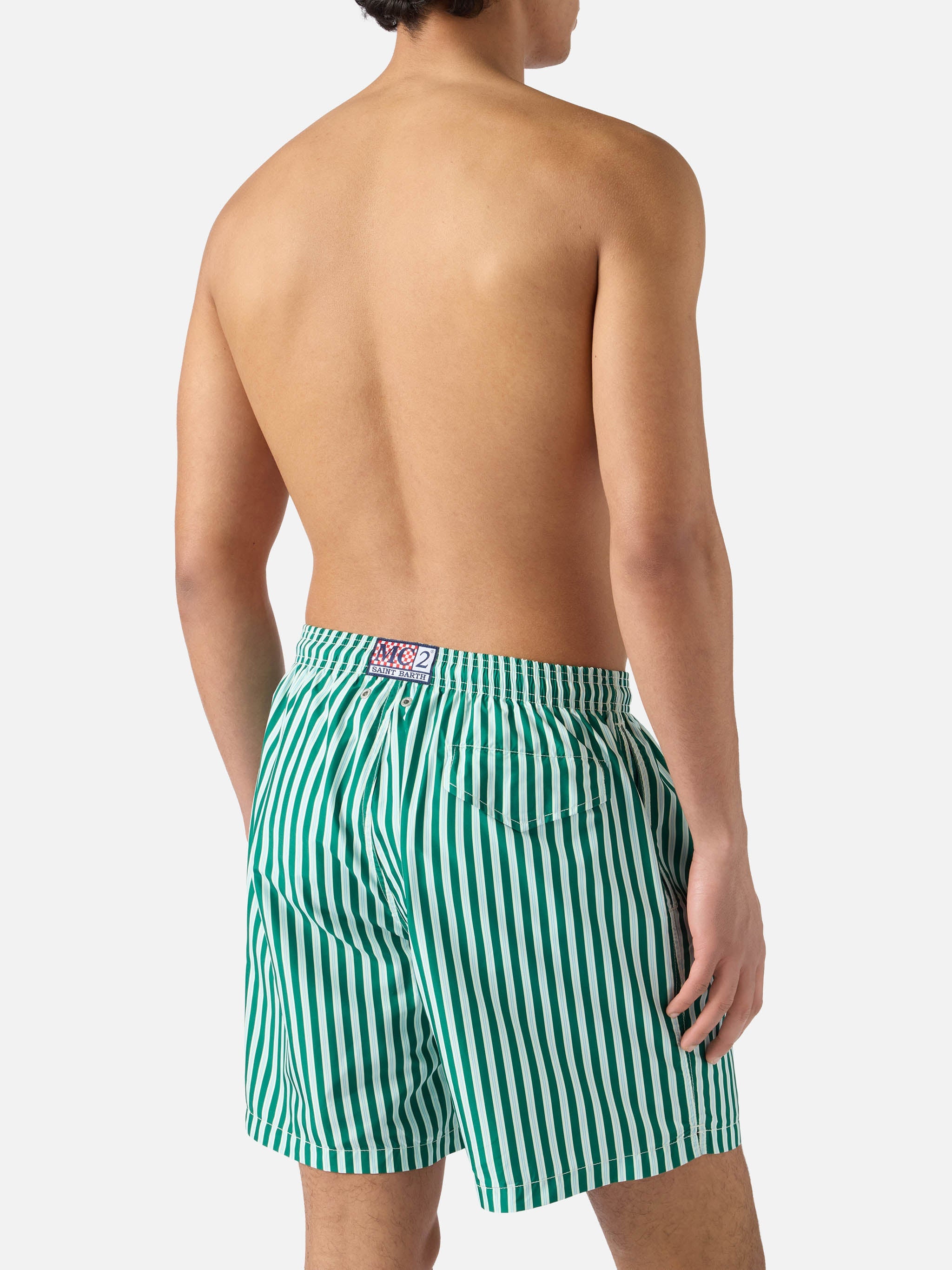 Green Striped Lighting Swim Shorts With St. Barth Embroidery Swimshort