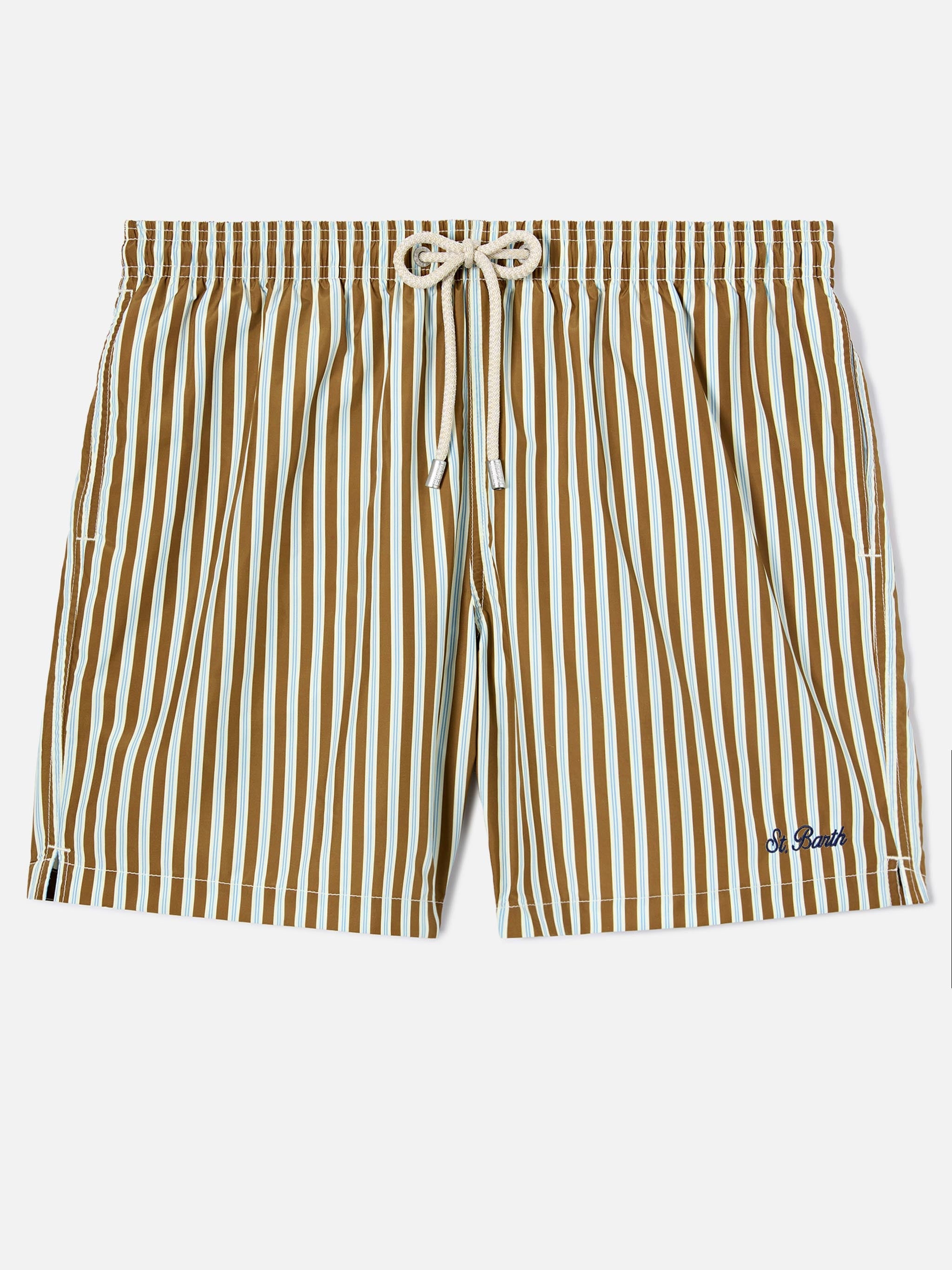Brown Striped Lighting Swim Shorts With St. Barth Embroidery Swimshort