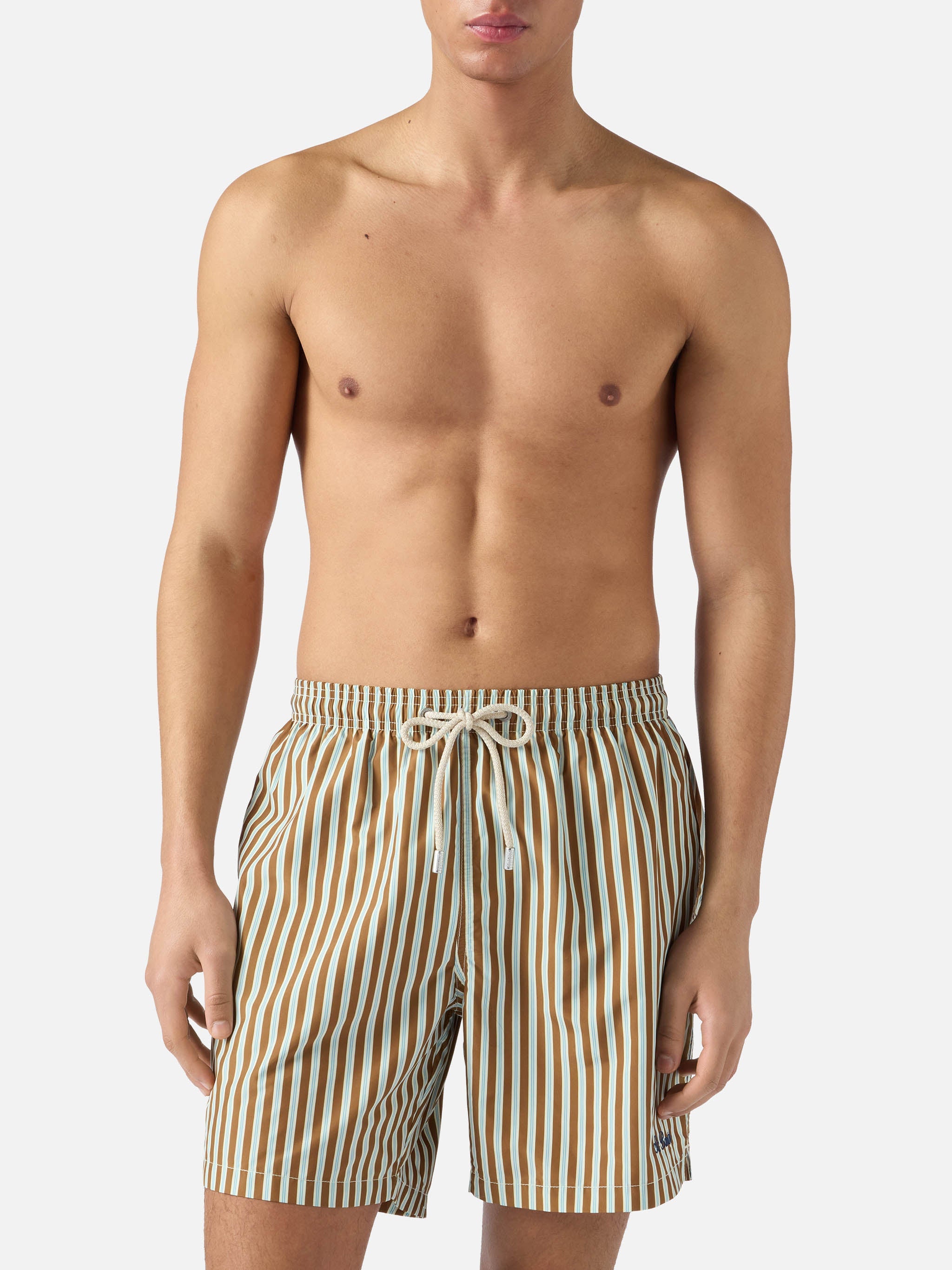 Brown Striped Lighting Swim Shorts With St. Barth Embroidery Swimshort