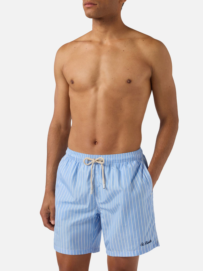 Light Blue Striped Lighting Swim Shorts With St. Barth Embroidery Swimshort