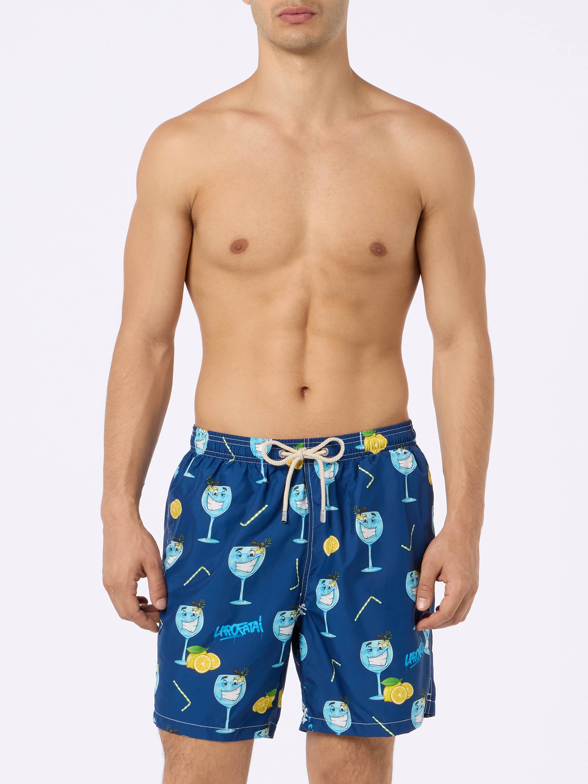 Man Lightweight Fabric Swim-Shorts Lighting With Cryptopuppets Print | Special Edition Blue Swimshort