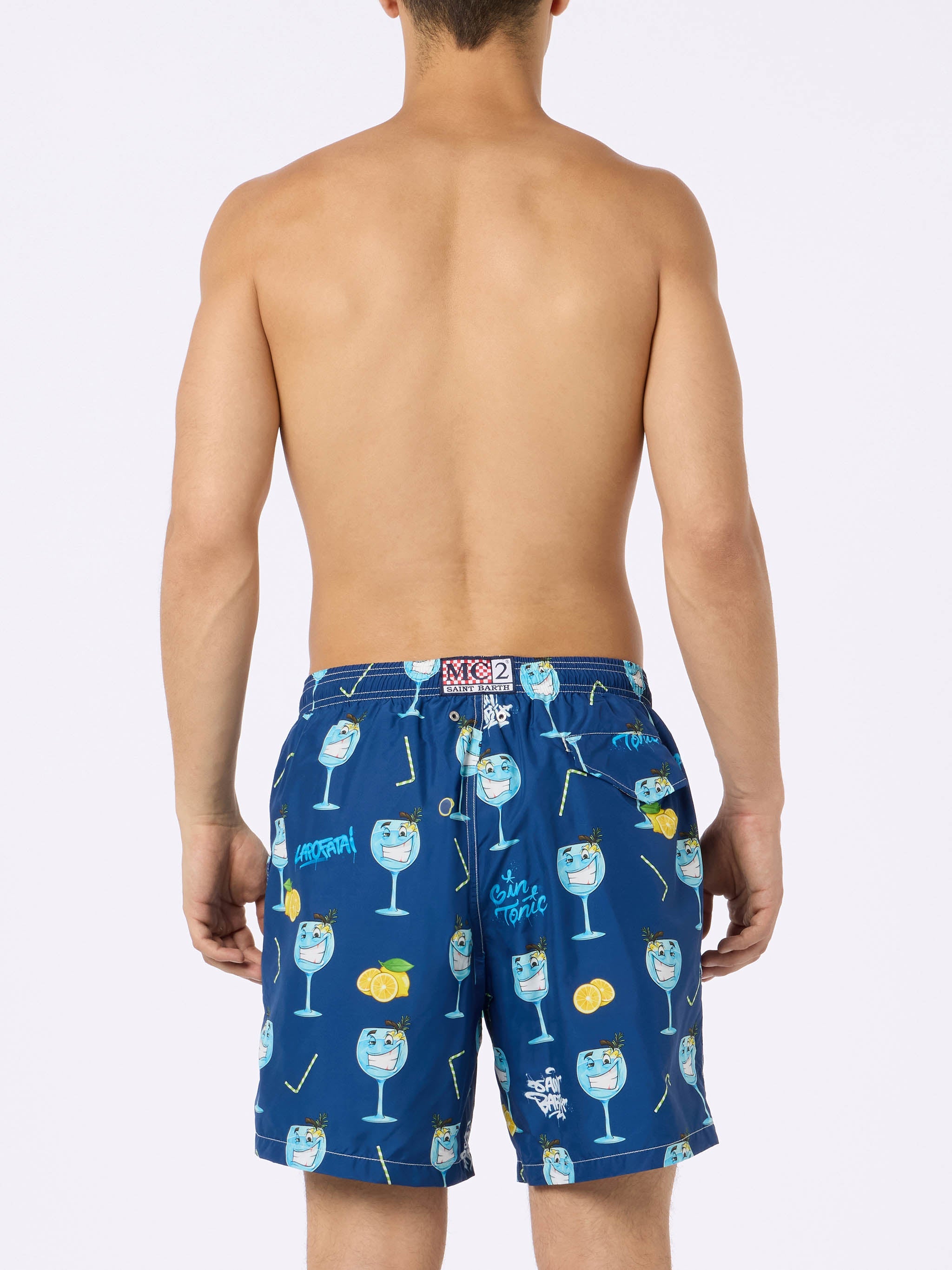 Man Lightweight Fabric Swim-Shorts Lighting With Cryptopuppets Print | Special Edition Blue Swimshort