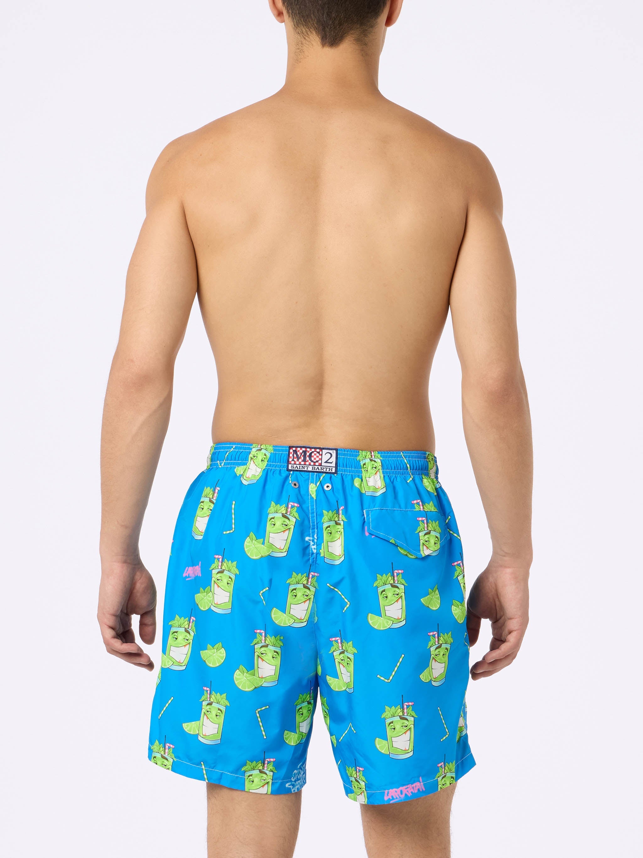 Man Lightweight Fabric Swim-Shorts Lighting With Cryptopuppets Print | Special Edition Blue Swimshort